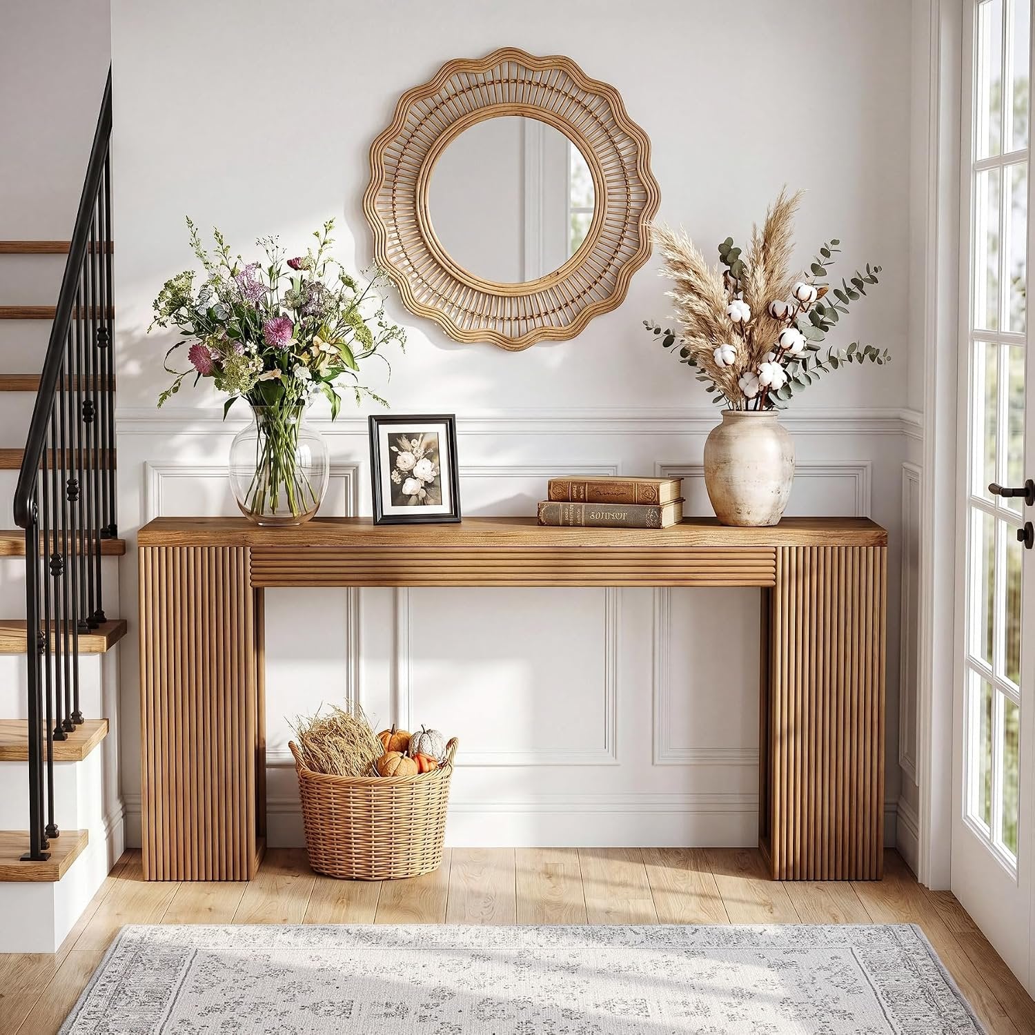 Console en bois massif de 160 cm de long, Style campagnard avec pieds cannelés