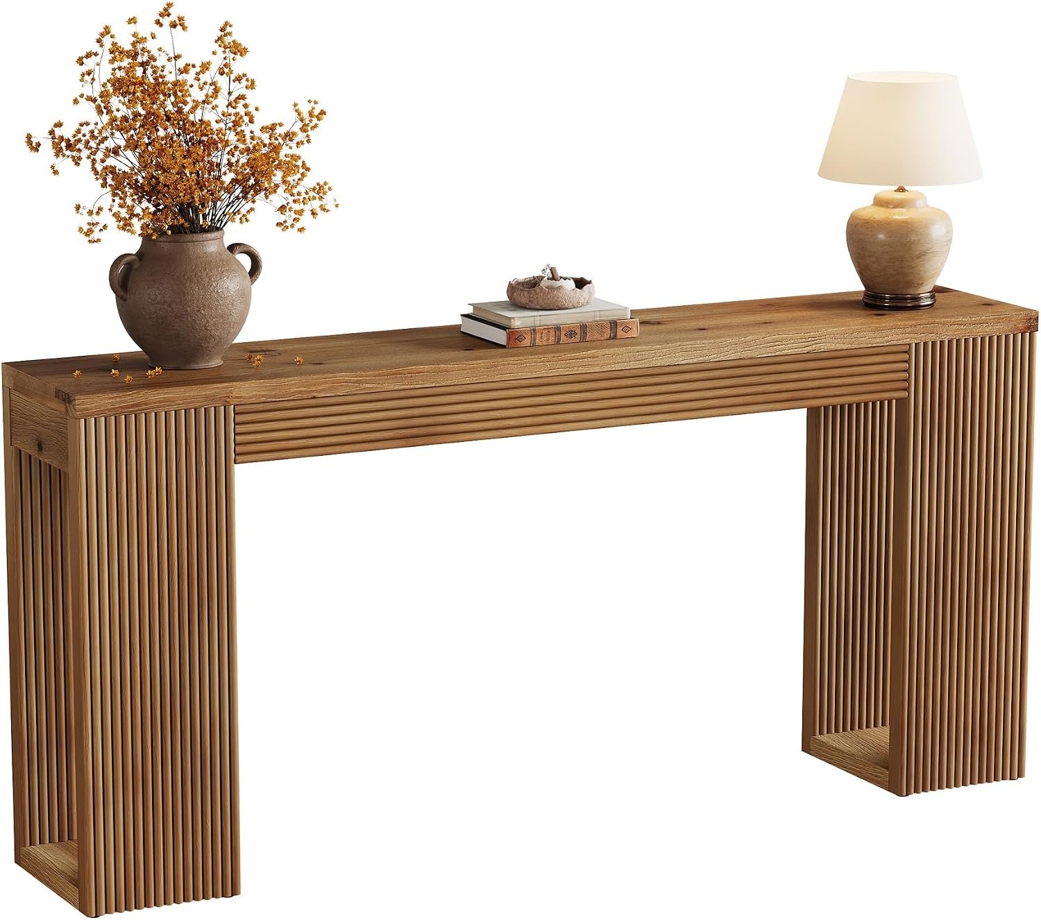 Console en bois massif de 160 cm de long, Style campagnard avec pieds cannelés