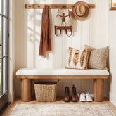 Tribesigns Banc à chaussures en bois massif 120 cm recouvert de tissu capitonné avec coussin bouclé blanc 3