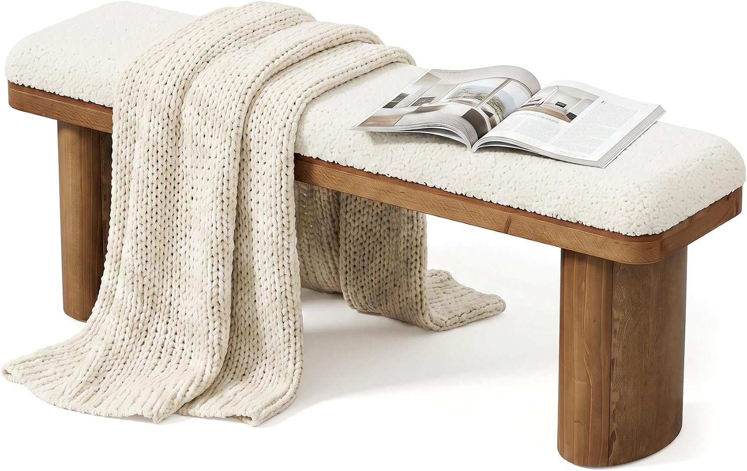 Tribesigns Banc à chaussures en bois massif 120 cm recouvert de tissu capitonné avec coussin bouclé blanc