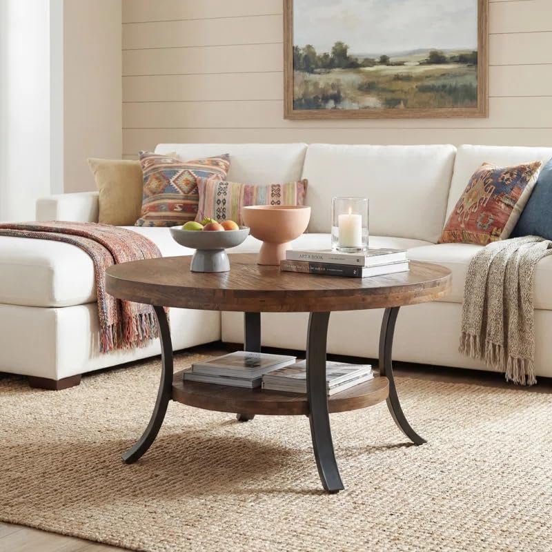 Table basse ronde en bois massif de 80 cm avec compartiment de rangement, Table basse de style champêtre pour le salon