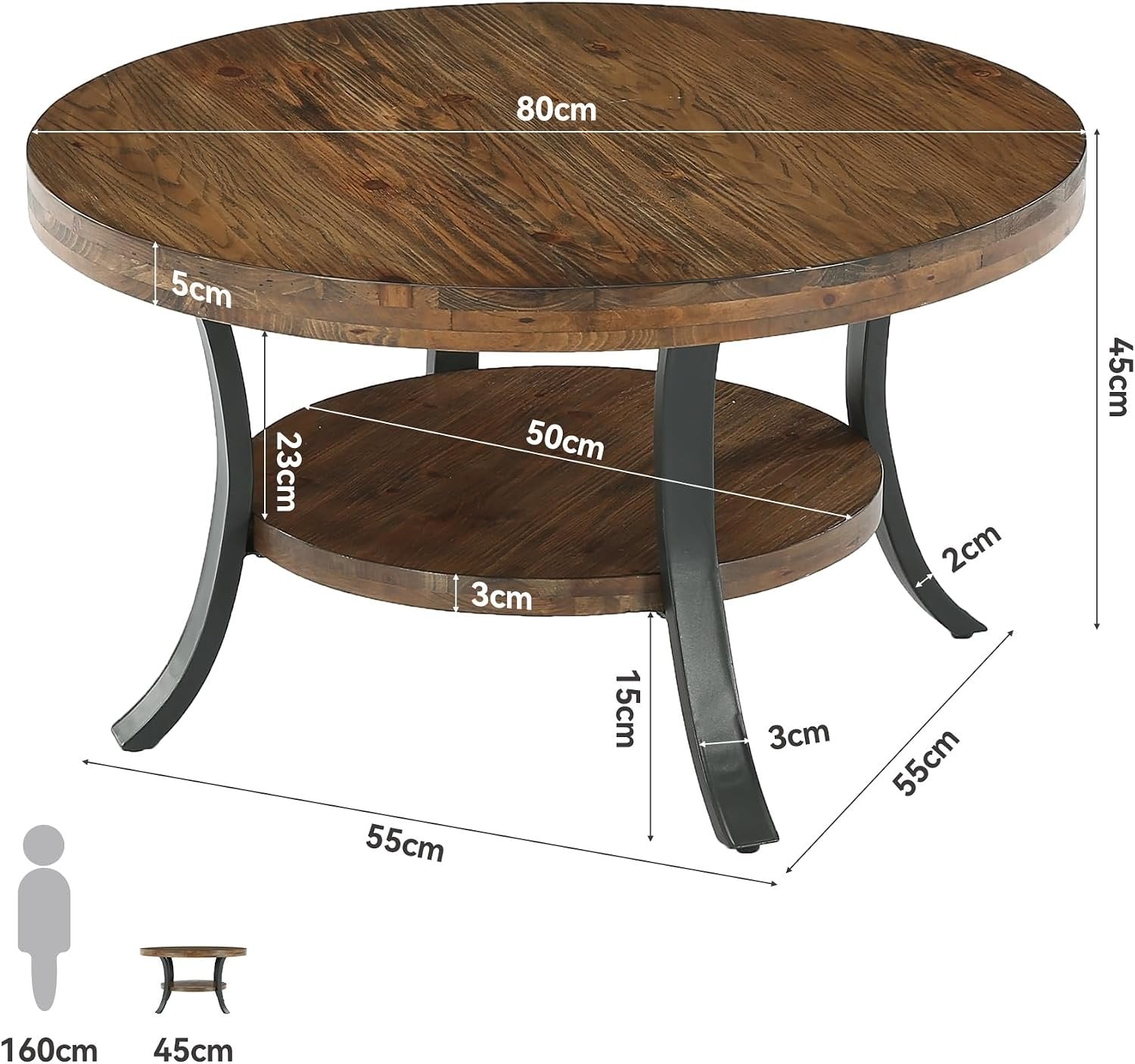 Table basse ronde en bois massif de 80 cm avec compartiment de rangement, Table basse de style champêtre pour le salon