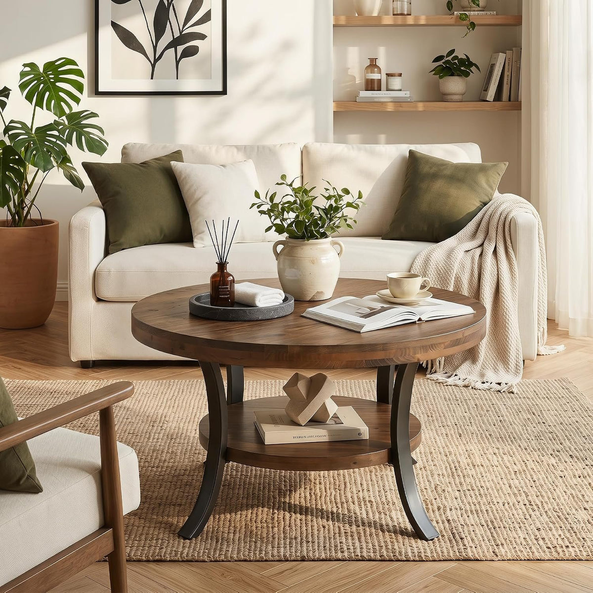 Table basse ronde en bois massif de 80 cm avec compartiment de rangement, Table basse de style champêtre pour le salon