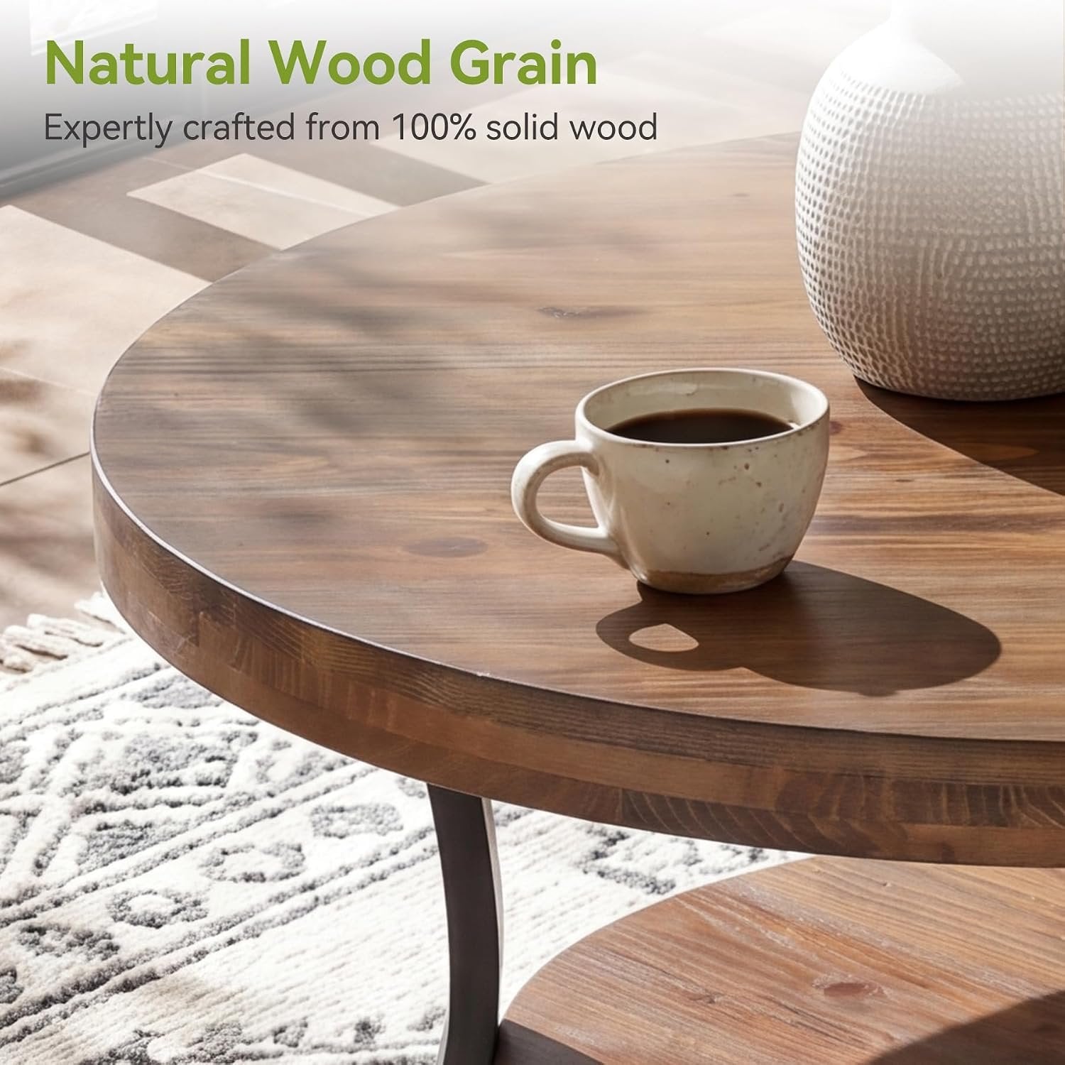 Table basse ronde en bois massif de 80 cm avec compartiment de rangement, Table basse de style champêtre pour le salon