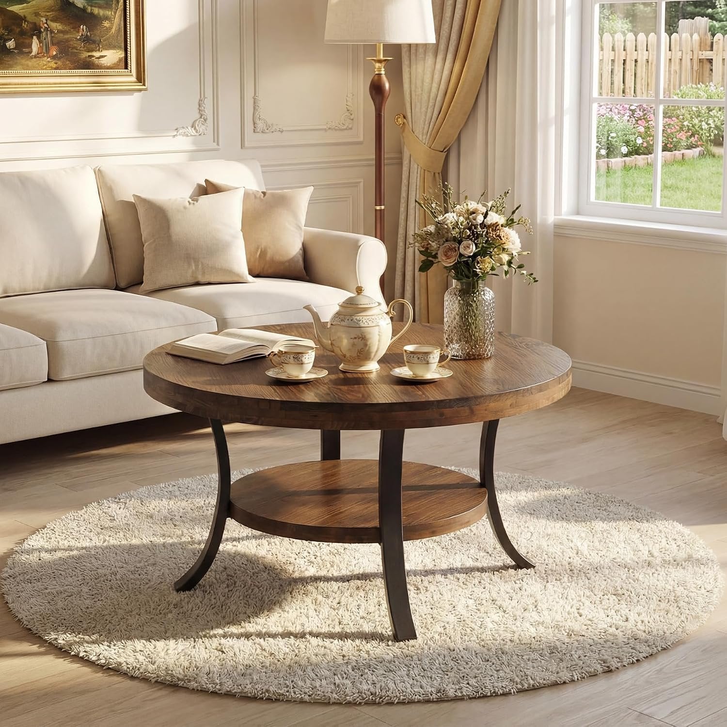 Table basse ronde en bois massif de 80 cm avec compartiment de rangement, Table basse de style champêtre pour le salon