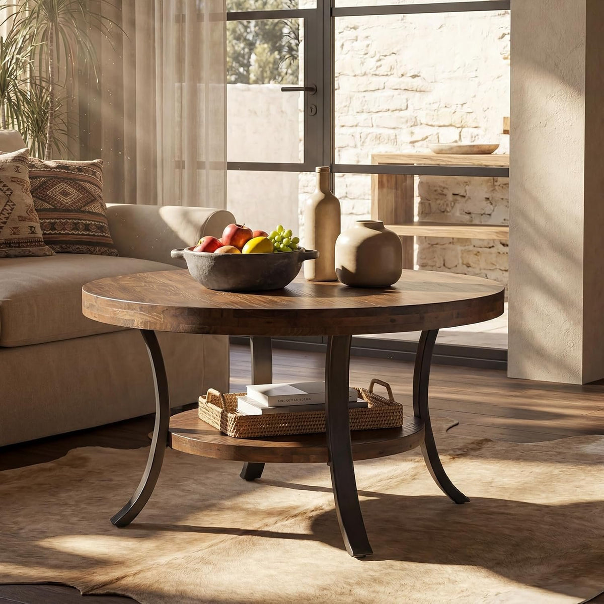 Table basse ronde en bois massif de 80 cm avec compartiment de rangement, Table basse de style champêtre pour le salon