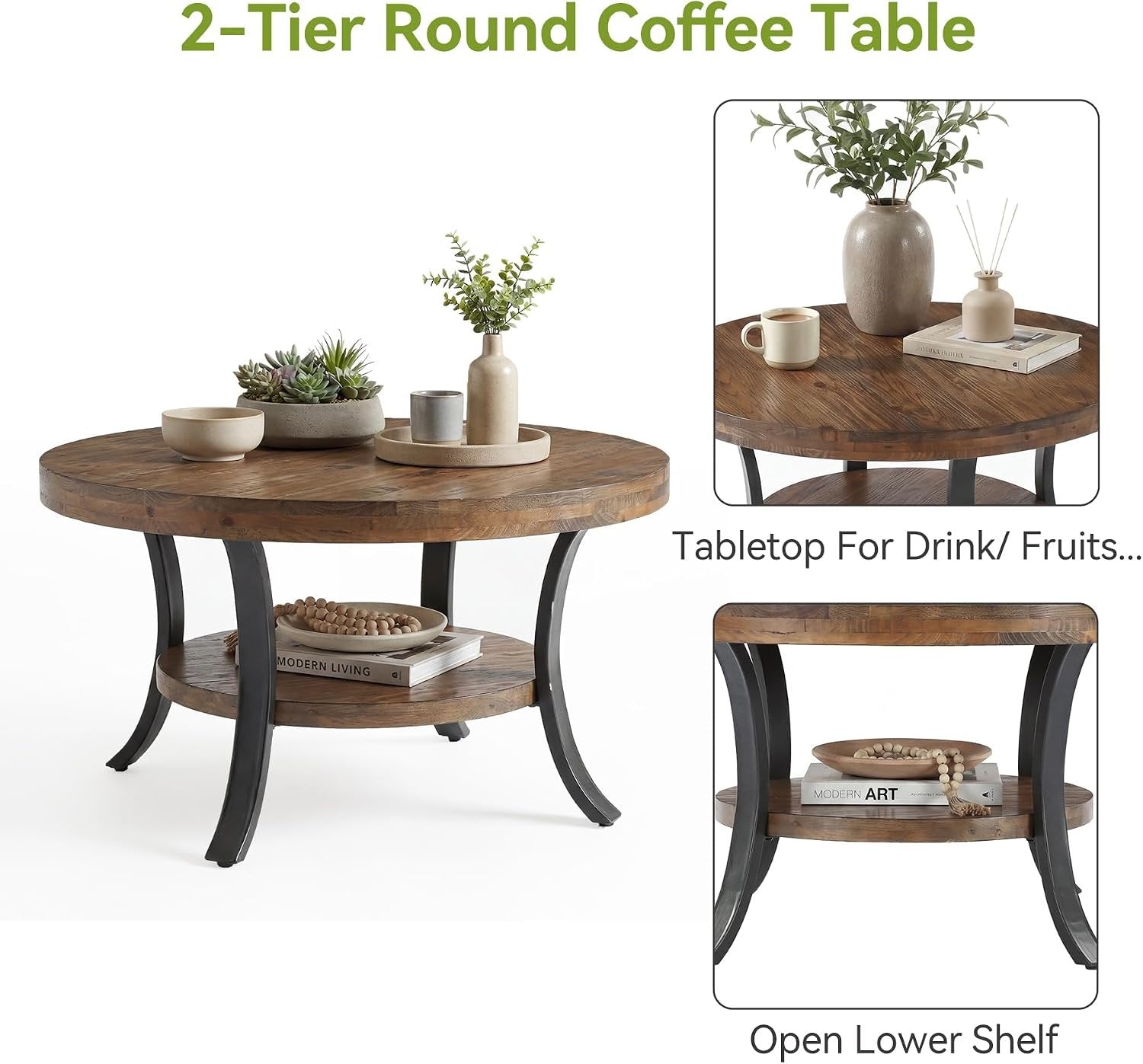 Table basse ronde en bois massif de 80 cm avec compartiment de rangement, Table basse de style champêtre pour le salon