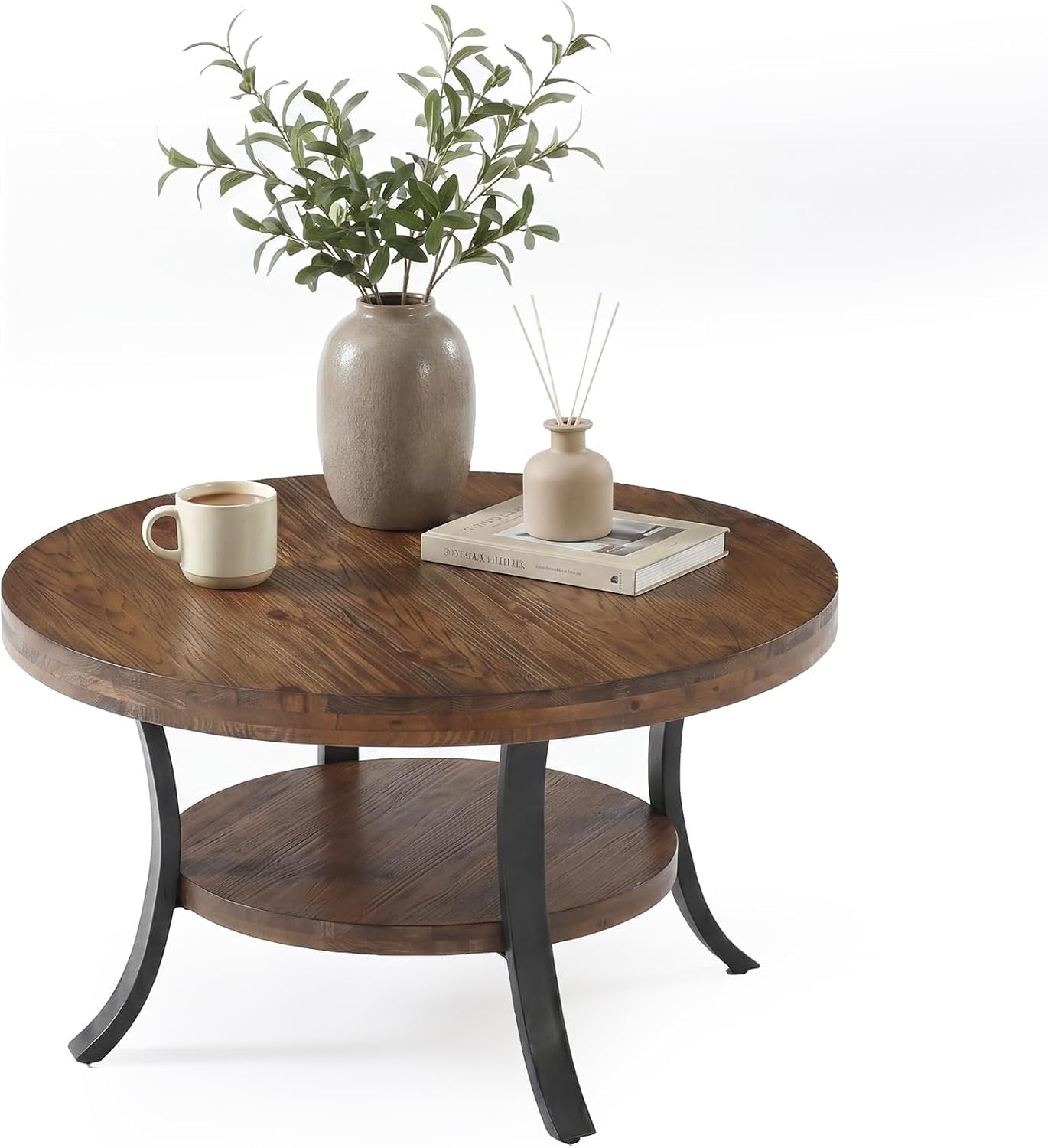 Table basse ronde en bois massif de 80 cm avec compartiment de rangement, Table basse de style champêtre pour le salon