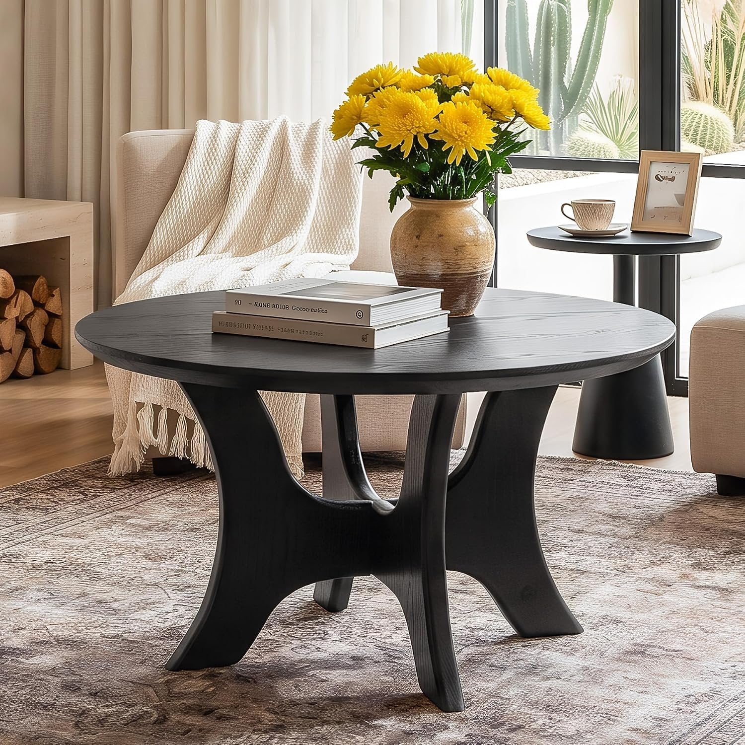 Table basse ronde 80 cm, Table basse de style moderne du milieu du siècle pour le salon, plateau en bois imitation bois et stable, noire