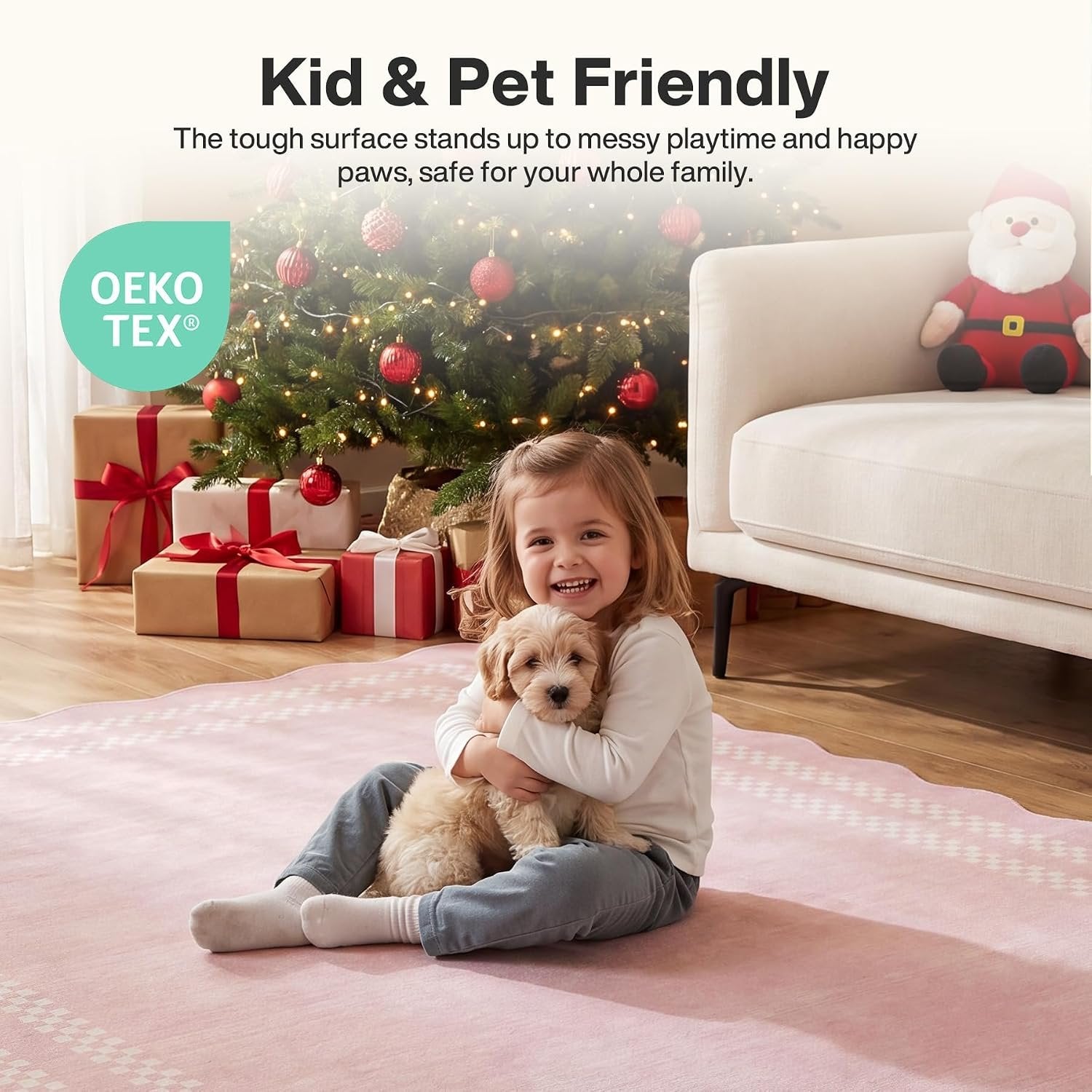 Tribesigns Tapis de jeu pour chambre de fille, à poils courts, motif vagues modernes, Certifié Oeko-Tex, rose & gris