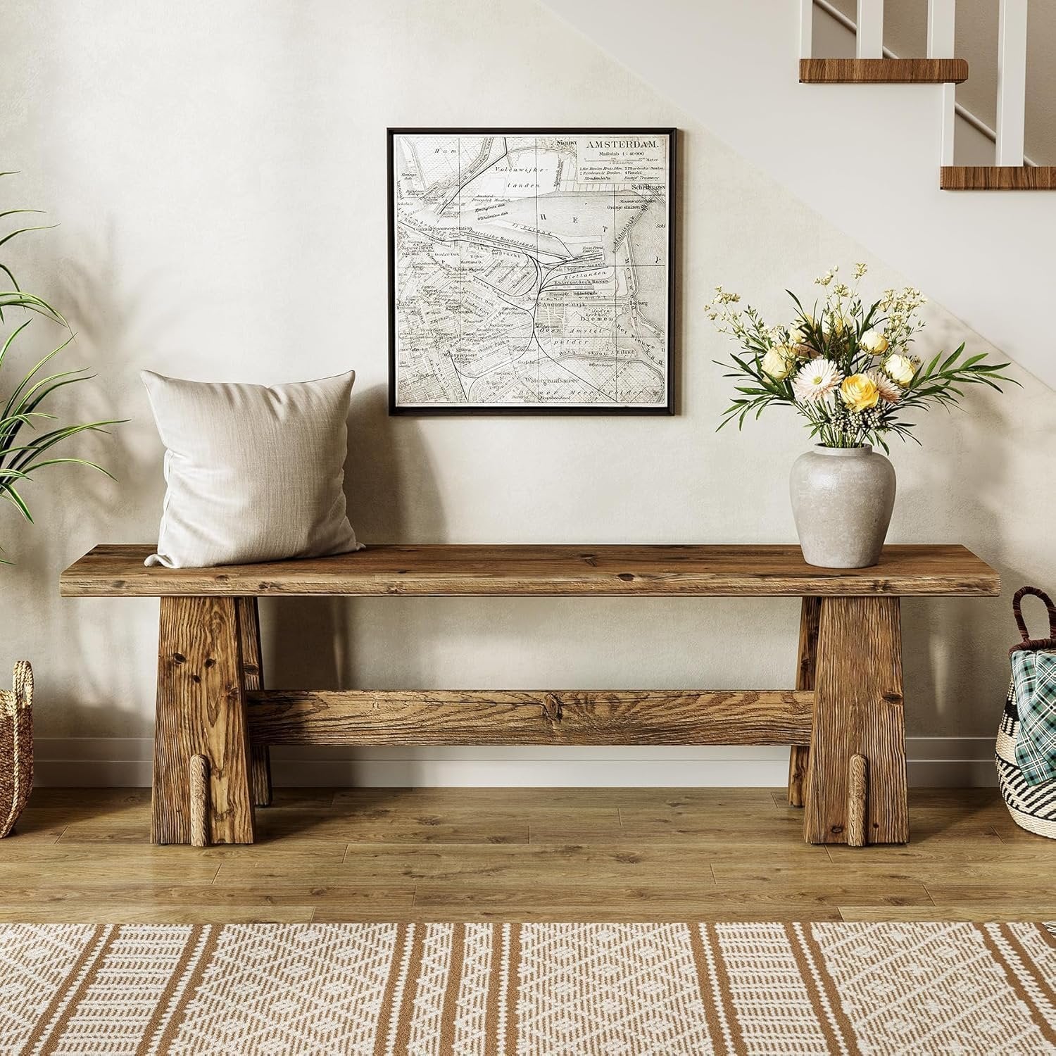 Banc de lit en bois massif de 150 cm, Banc à chaussures avec étagère, banc étroit pour entrée