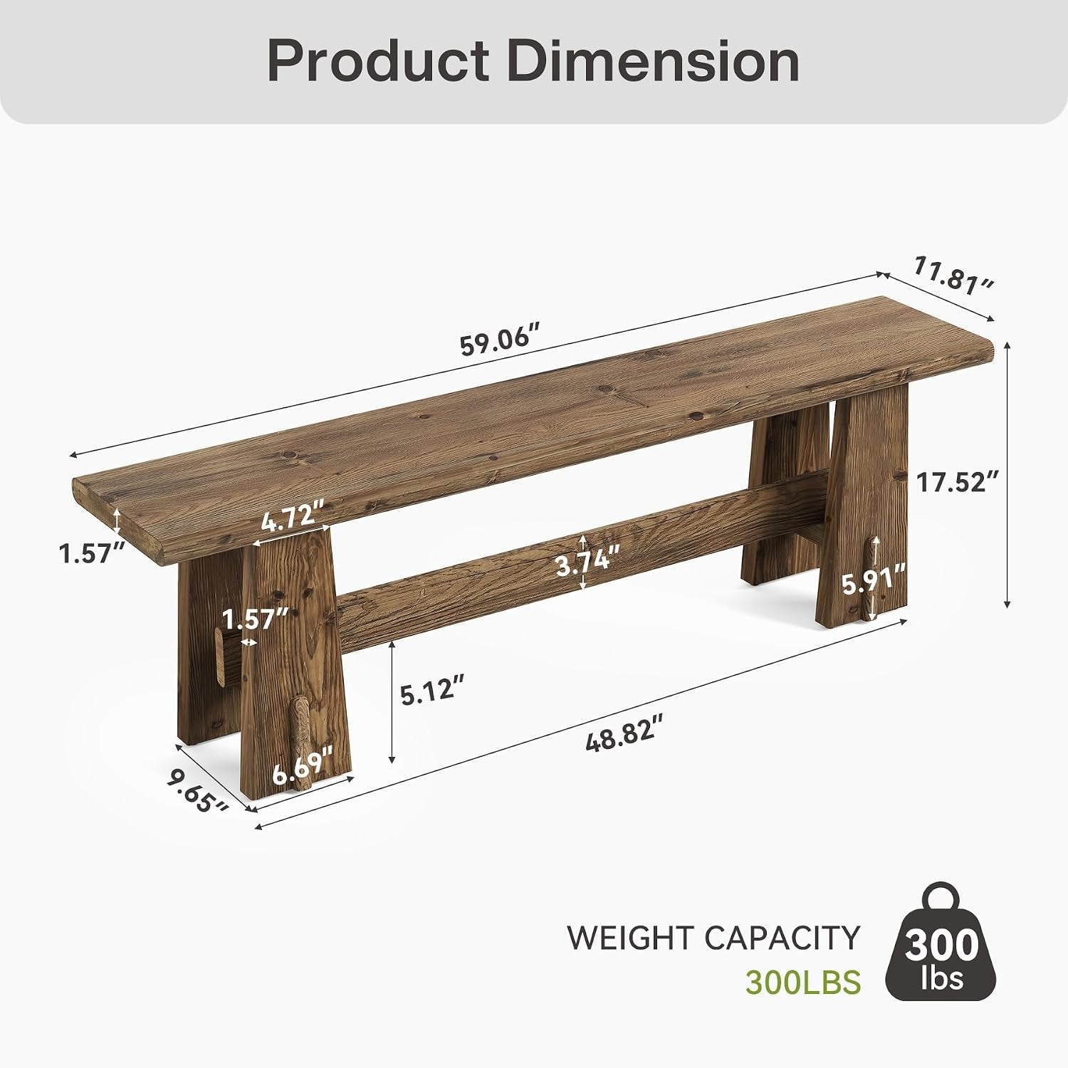 Banc de lit en bois massif de 150 cm, Banc à chaussures avec étagère, banc étroit pour entrée
