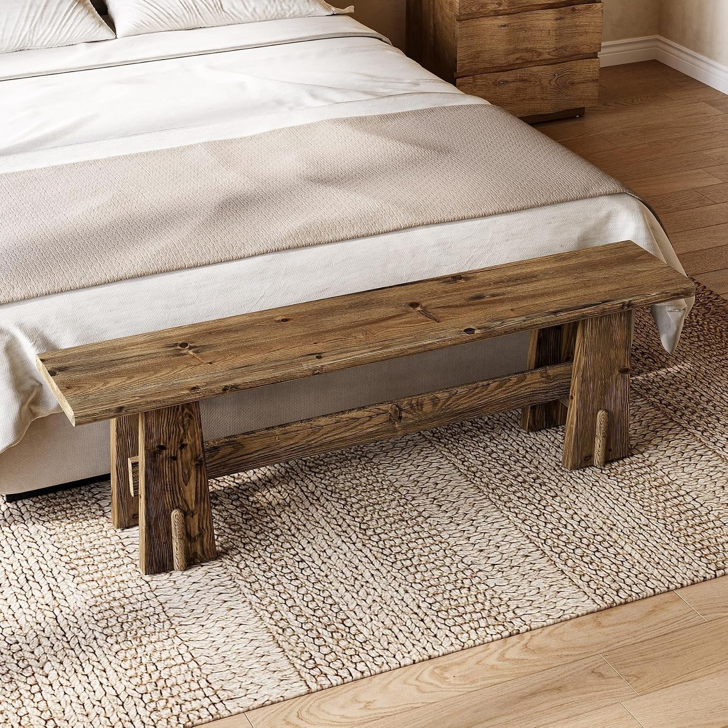 Banc de lit en bois massif de 150 cm, Banc à chaussures avec étagère, banc étroit pour entrée
