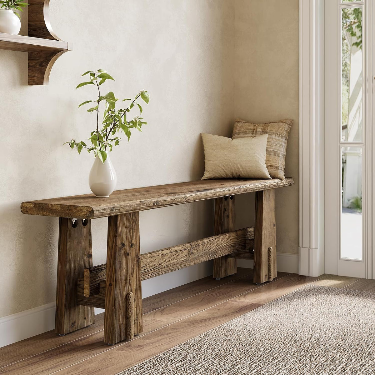 Banc de lit en bois massif de 150 cm, Banc à chaussures avec étagère, banc étroit pour entrée