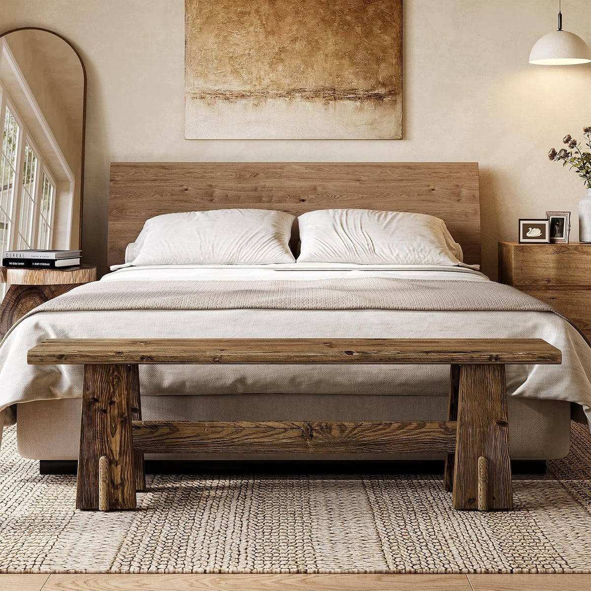 Banc de lit en bois massif de 150 cm, Banc à chaussures avec étagère, banc étroit pour entrée