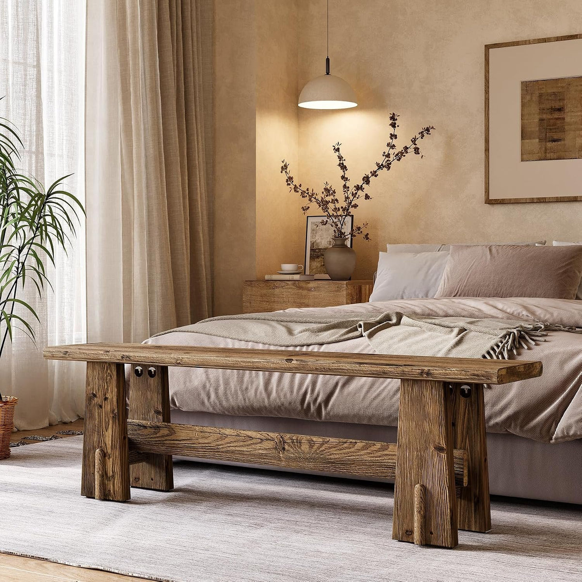 Banc de lit en bois massif de 150 cm, Banc à chaussures avec étagère, banc étroit pour entrée