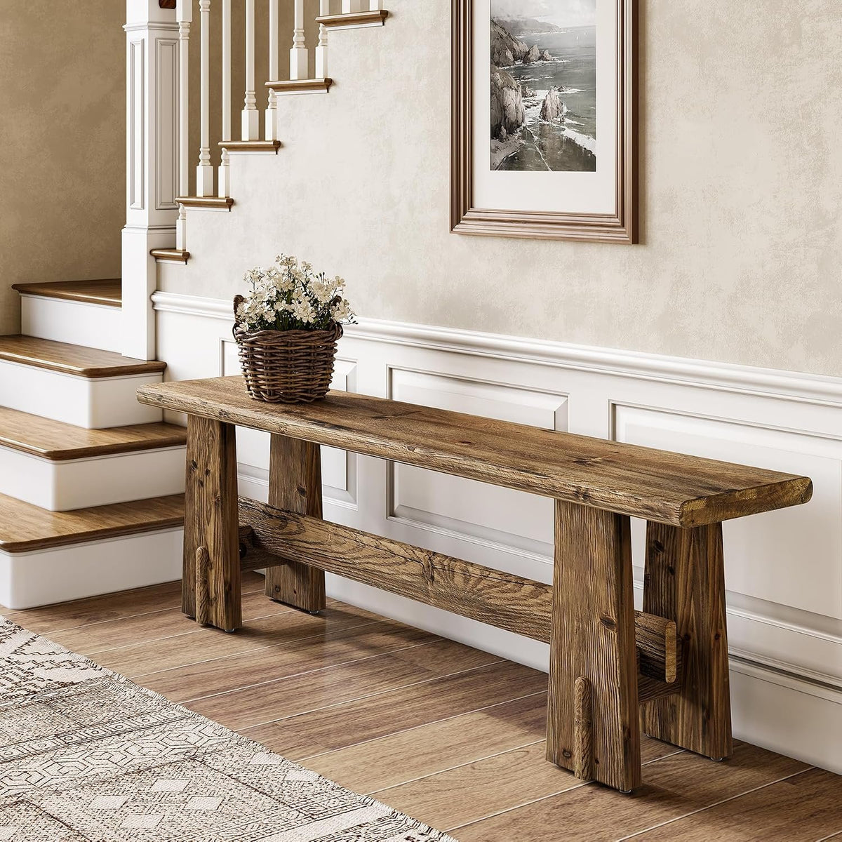 Banc de lit en bois massif de 150 cm, Banc à chaussures avec étagère, banc étroit pour entrée
