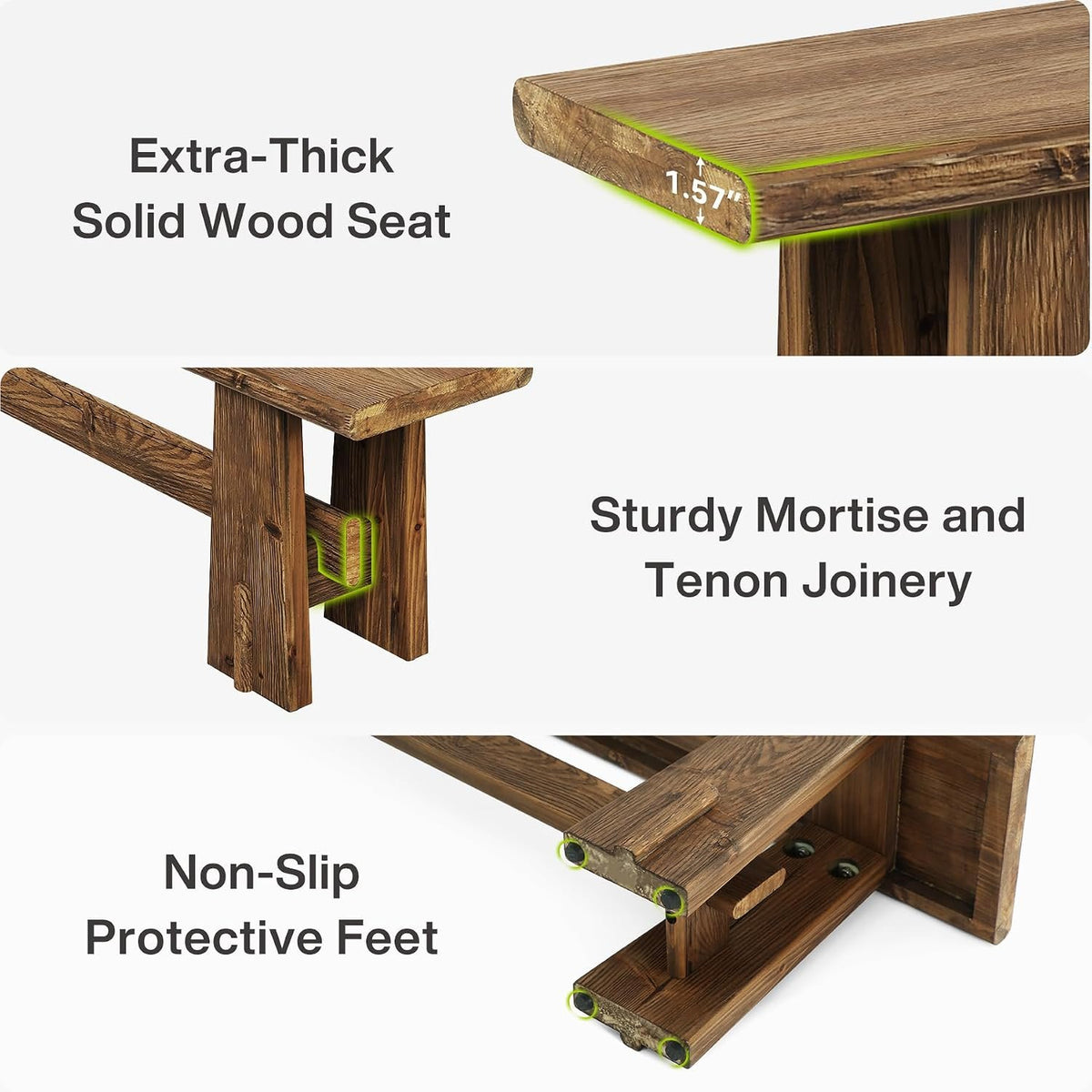 Banc de lit en bois massif de 150 cm, Banc à chaussures avec étagère, banc étroit pour entrée