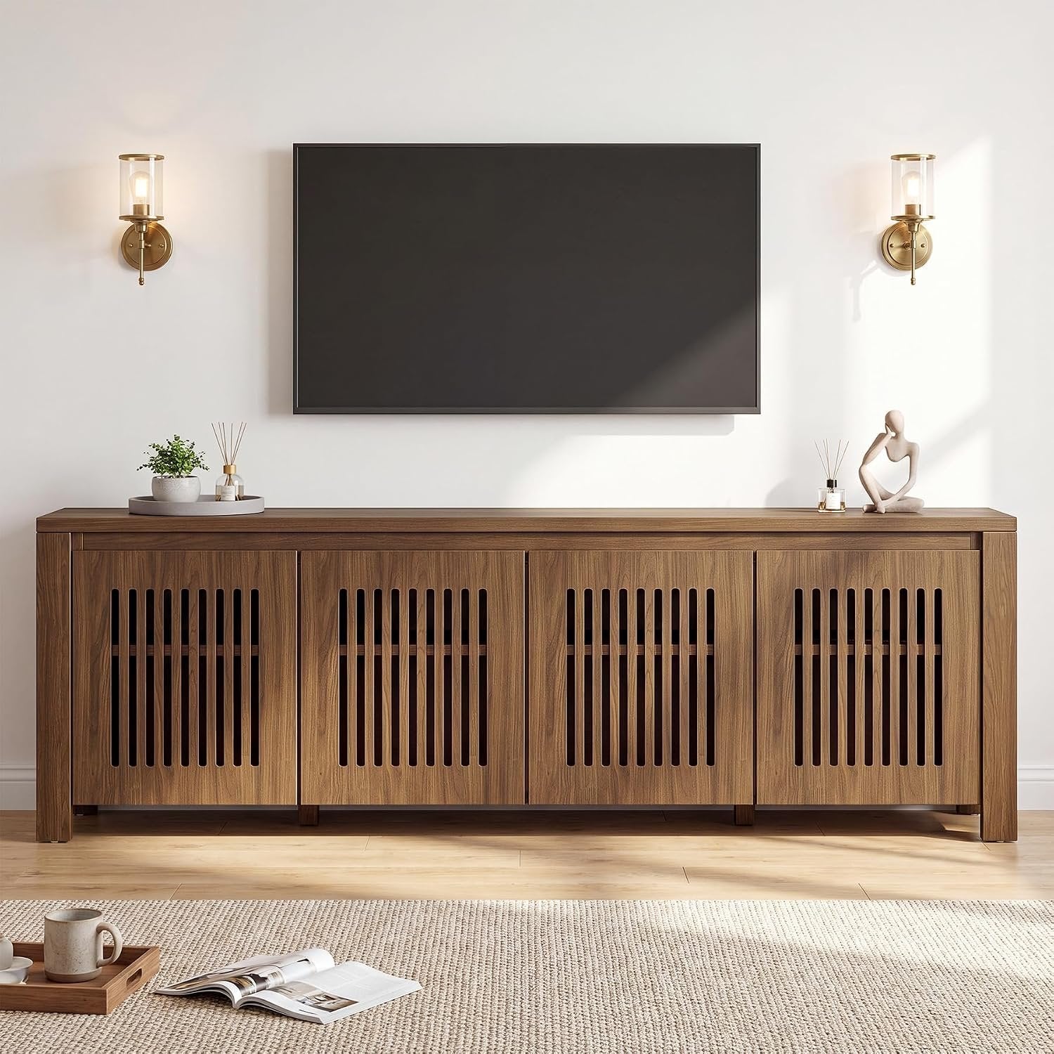 Tribesigns Meuble TV 140 x 35 x 51 cm, Meuble bas autoportant avec 8 compartiments de rangement, meuble TV pour salon