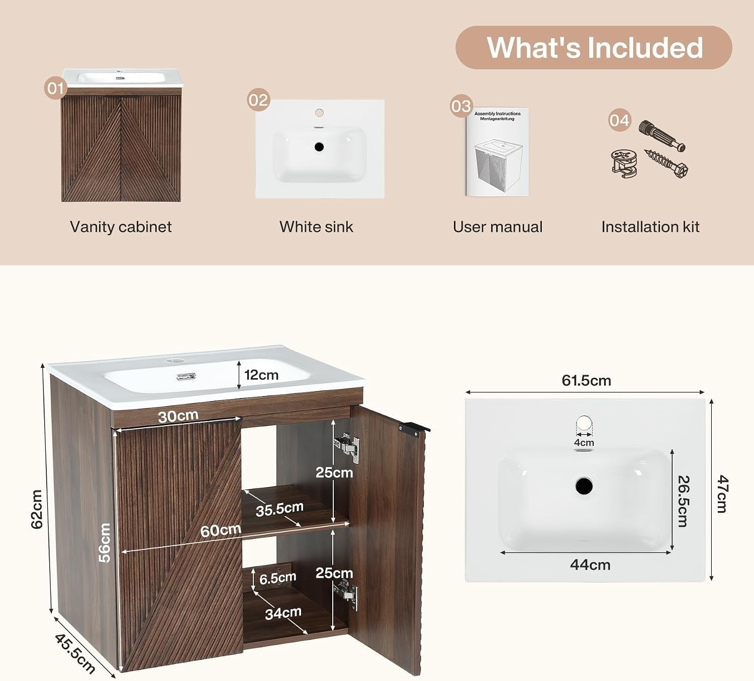 Tribesigns Meuble vasque 60 cm avec meuble bas, Meuble vasque suspendu avec vasque en céramique