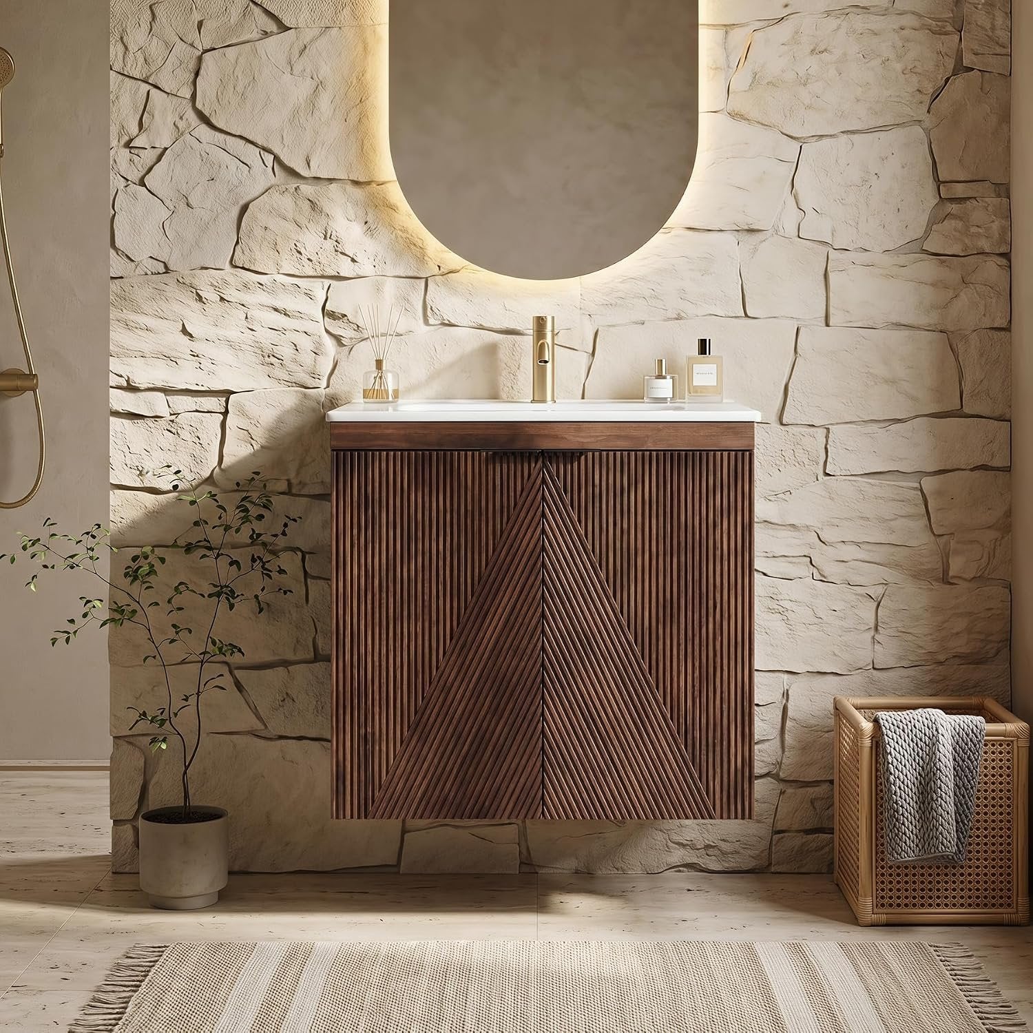 Tribesigns Meuble vasque 60 cm avec meuble bas, Meuble vasque suspendu avec vasque en céramique