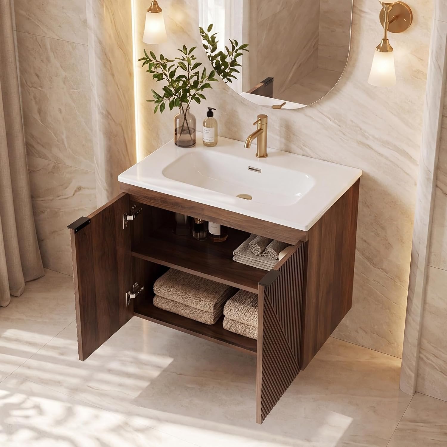 Tribesigns Meuble vasque 60 cm avec meuble bas, Meuble vasque suspendu avec vasque en céramique