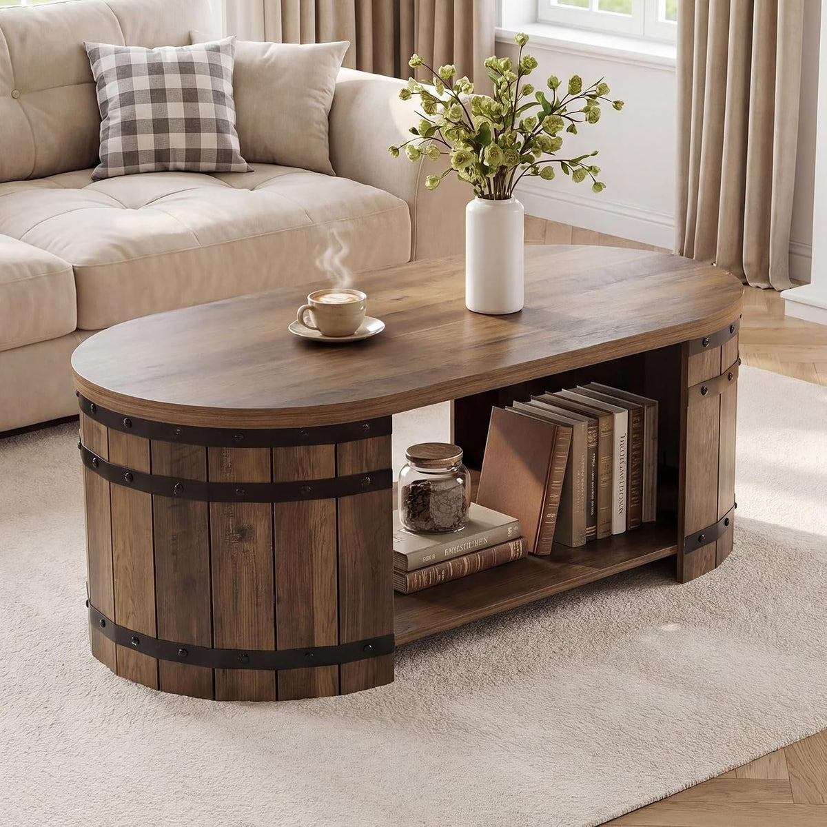 Tribesigns Table basse 120 cm avec espace de rangement, Table basse ovale avec étagère