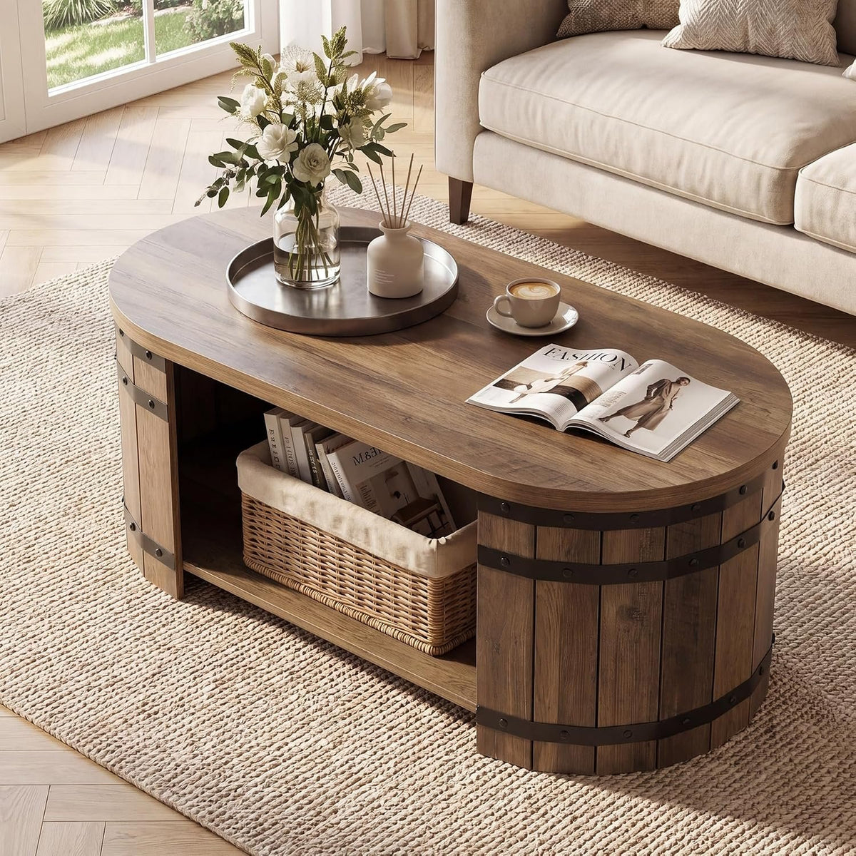 Tribesigns Table basse 120 cm avec espace de rangement, Table basse ovale avec étagère