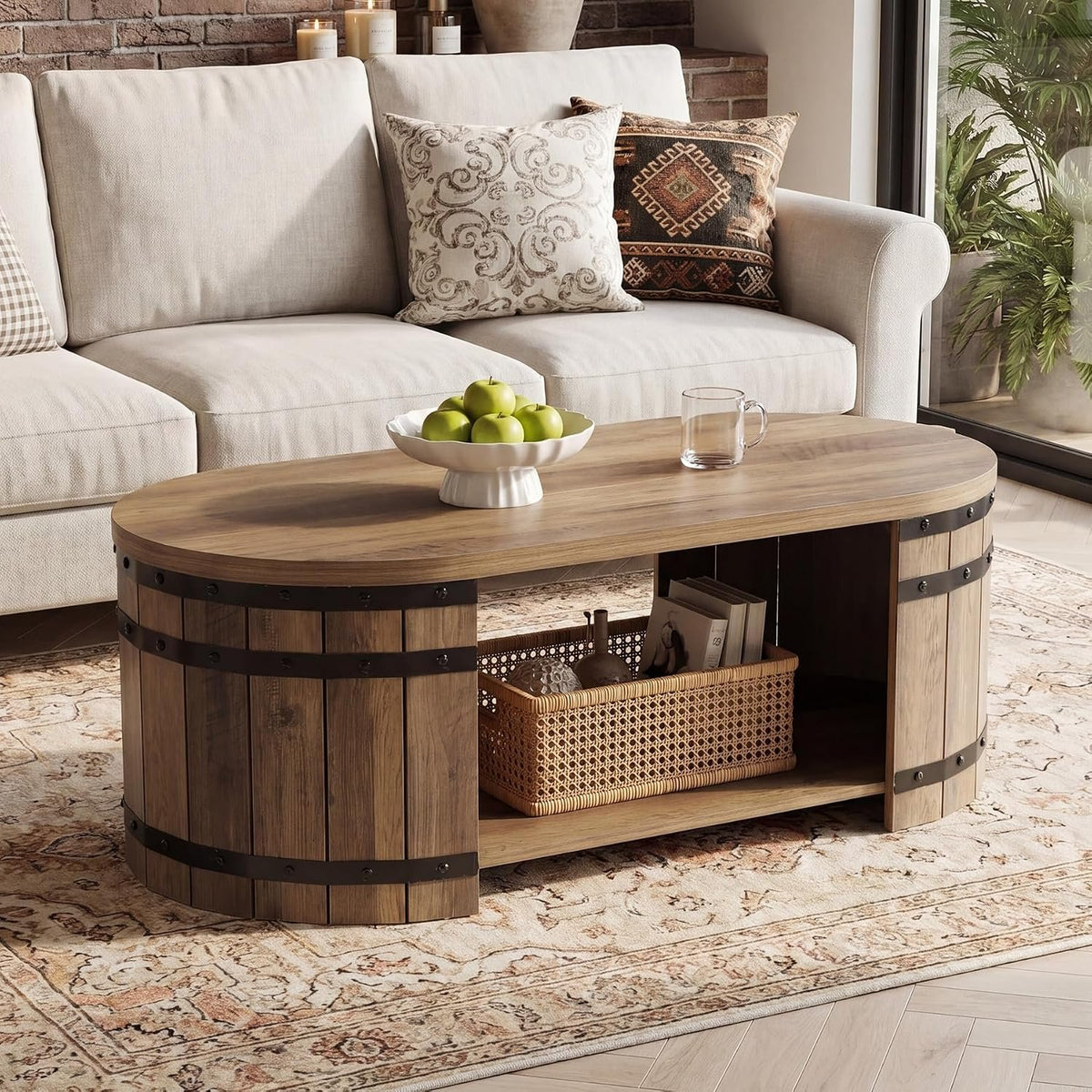 Tribesigns Table basse 120 cm avec espace de rangement, Table basse ovale avec étagère