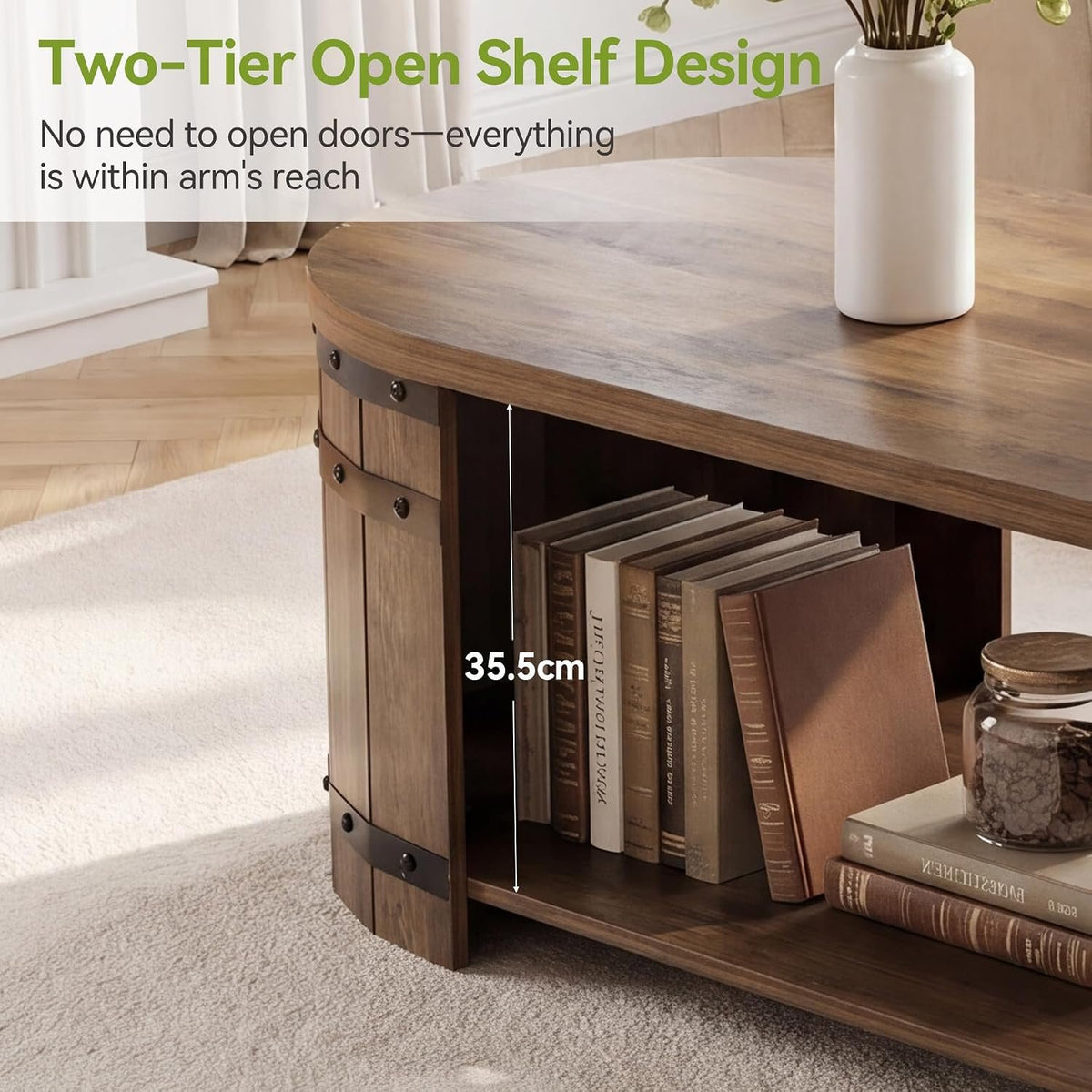 Tribesigns Table basse 120 cm avec espace de rangement, Table basse ovale avec étagère