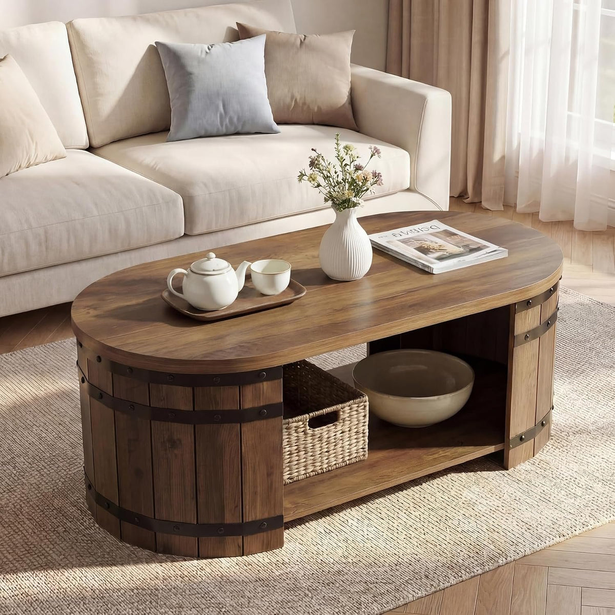 Tribesigns Table basse 120 cm avec espace de rangement, Table basse ovale avec étagère