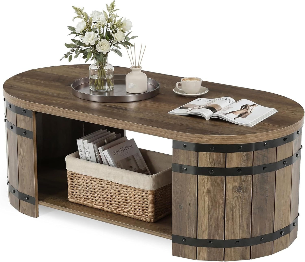 Tribesigns Table basse 120 cm avec espace de rangement, Table basse ovale avec étagère