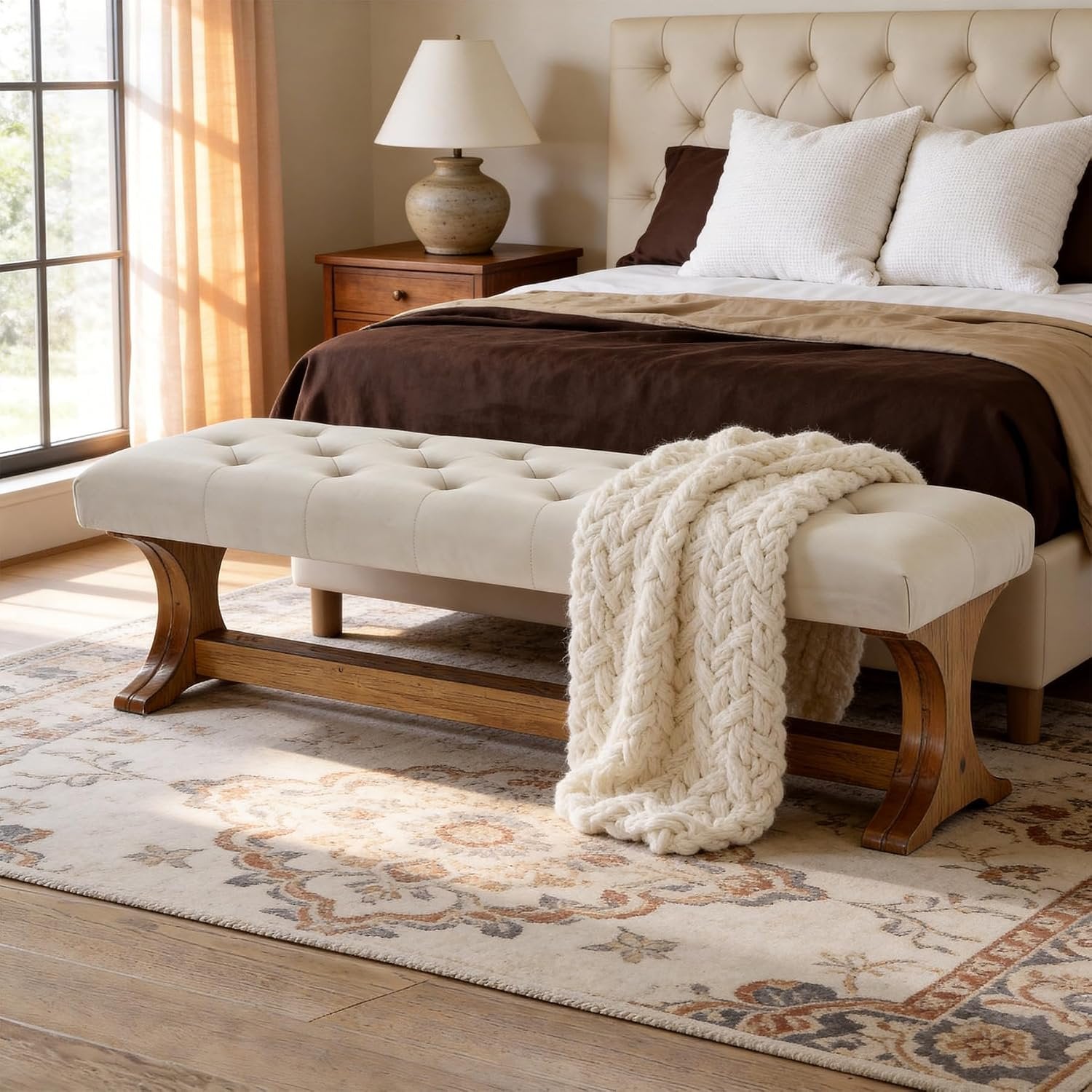 Banc capitonné 140 cm en bois massif style champêtre idéal pour une entrée, un salon ou un couloir