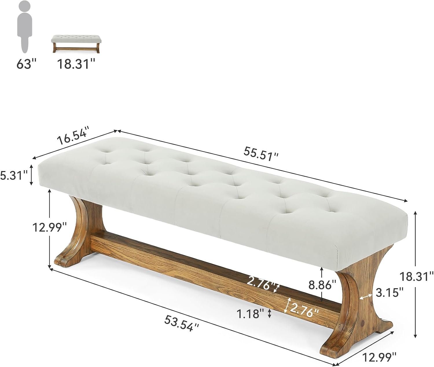 Banc capitonné 140 cm en bois massif style champêtre idéal pour une entrée, un salon ou un couloir