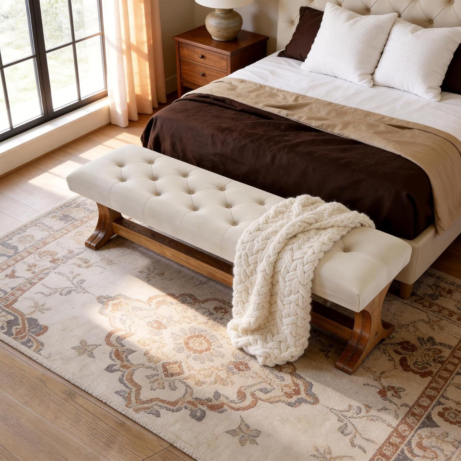 Banc capitonné 140 cm en bois massif style champêtre idéal pour une entrée, un salon ou un couloir