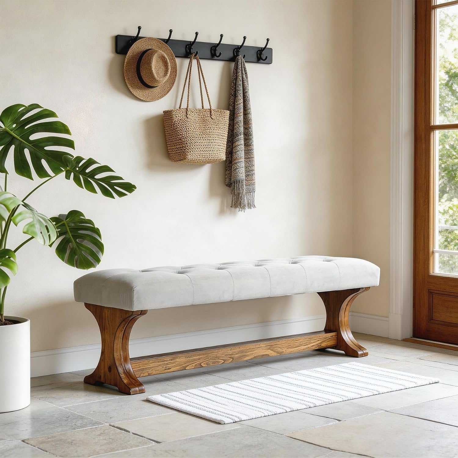 Banc capitonné 140 cm en bois massif style champêtre idéal pour une entrée, un salon ou un couloir
