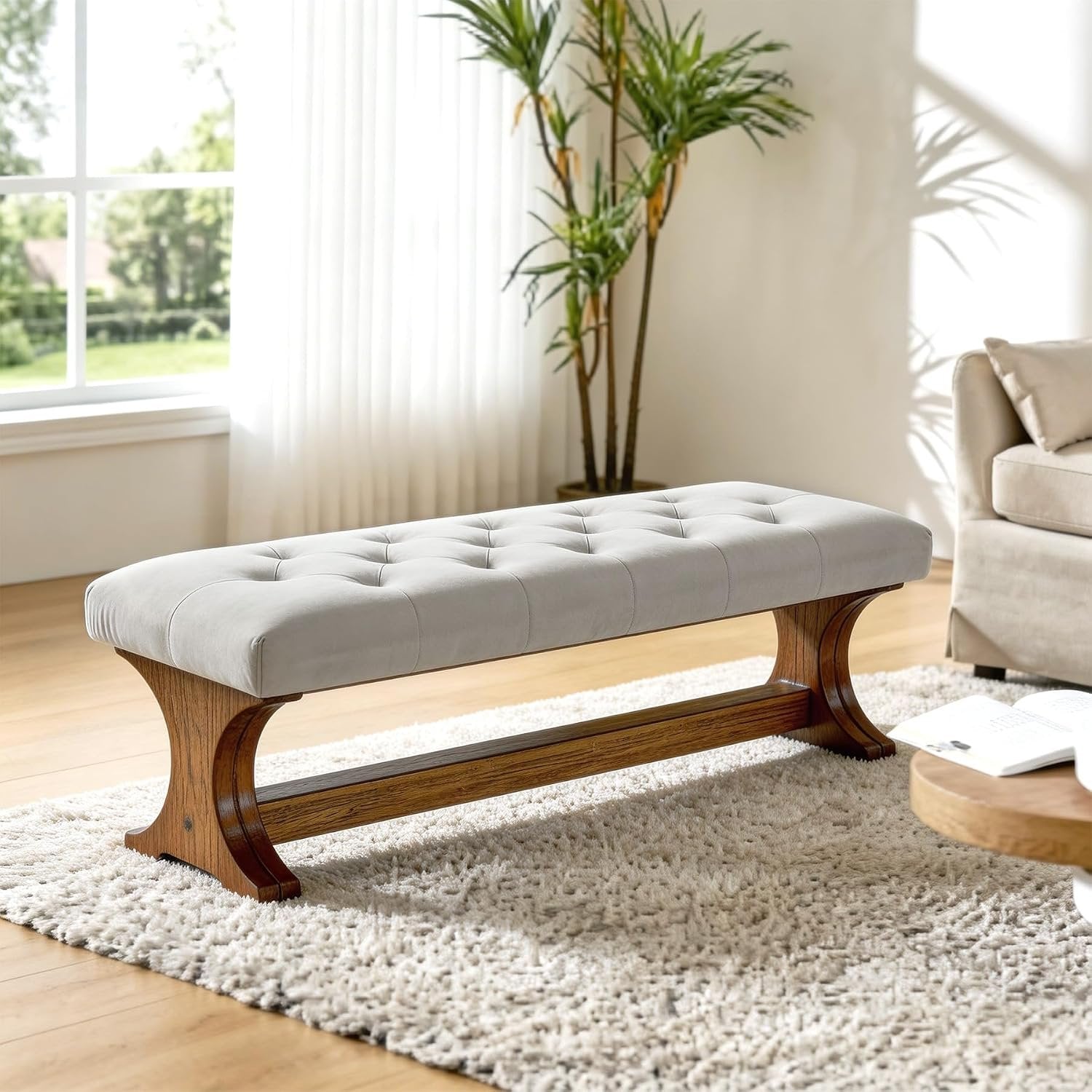 Banc capitonné 140 cm en bois massif style champêtre idéal pour une entrée, un salon ou un couloir