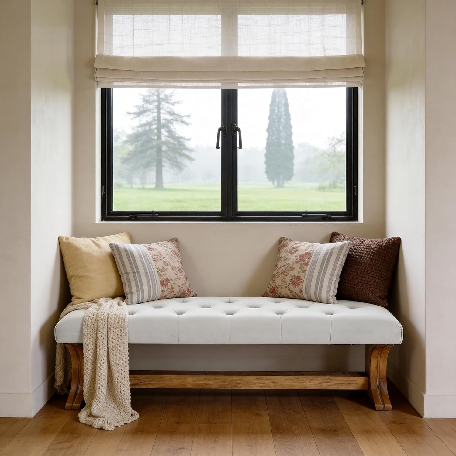 Banc capitonné 140 cm en bois massif style champêtre idéal pour une entrée, un salon ou un couloir