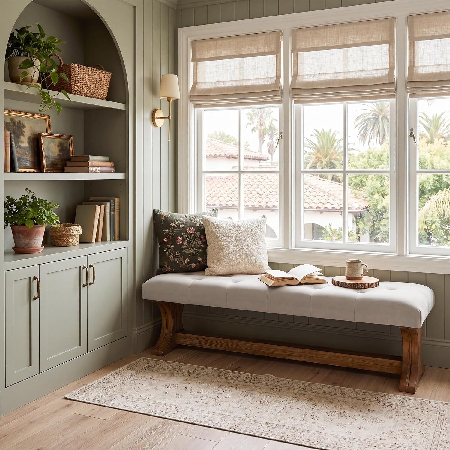 Banc capitonné 140 cm en bois massif style champêtre idéal pour une entrée, un salon ou un couloir
