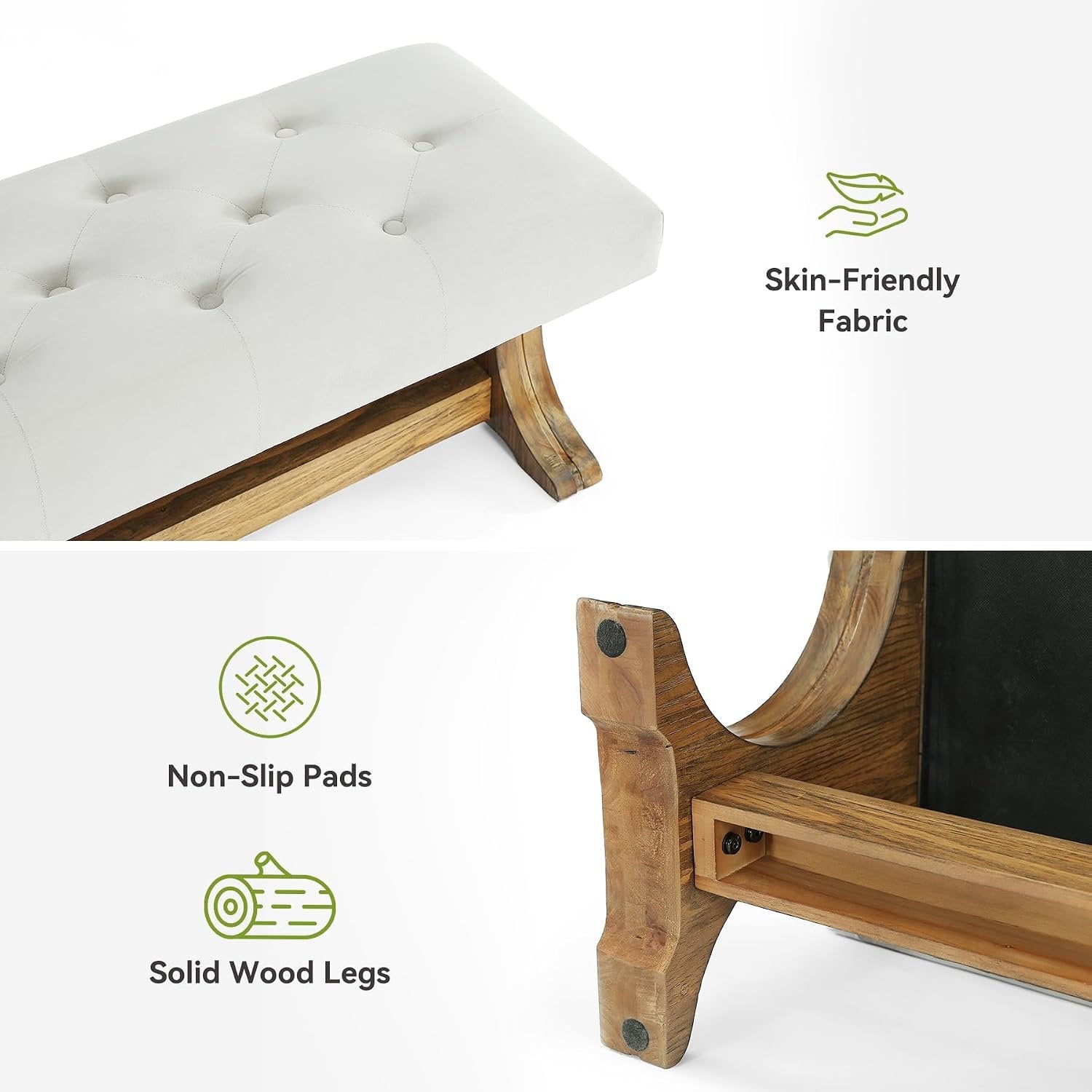 Banc capitonné 140 cm en bois massif style champêtre idéal pour une entrée, un salon ou un couloir