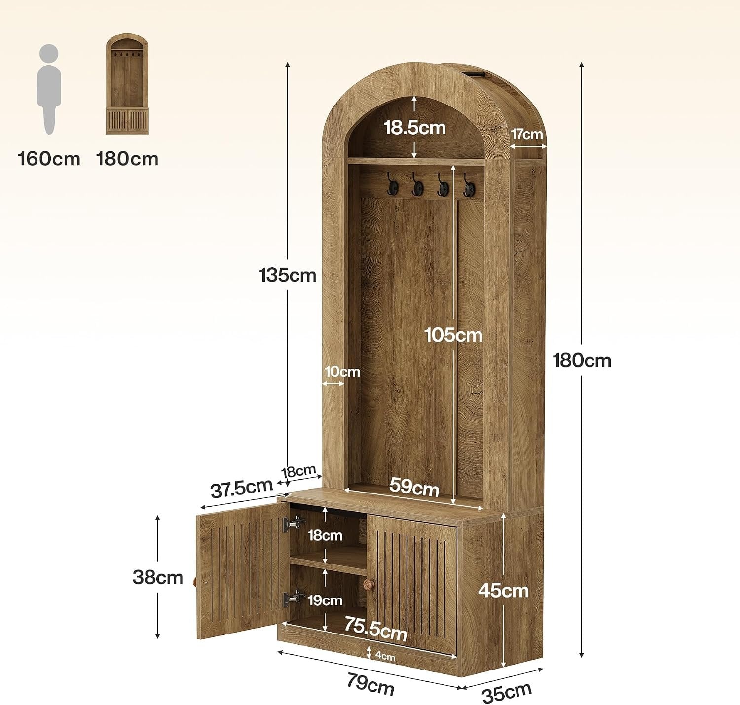 Tribesigns Armoire avec banc et rangement à chaussures, Meuble d'entrée 4 en 1 avec patères, banc, étagère à chaussures et étagère, hauteur 180 cm, marron rustique, montage facile