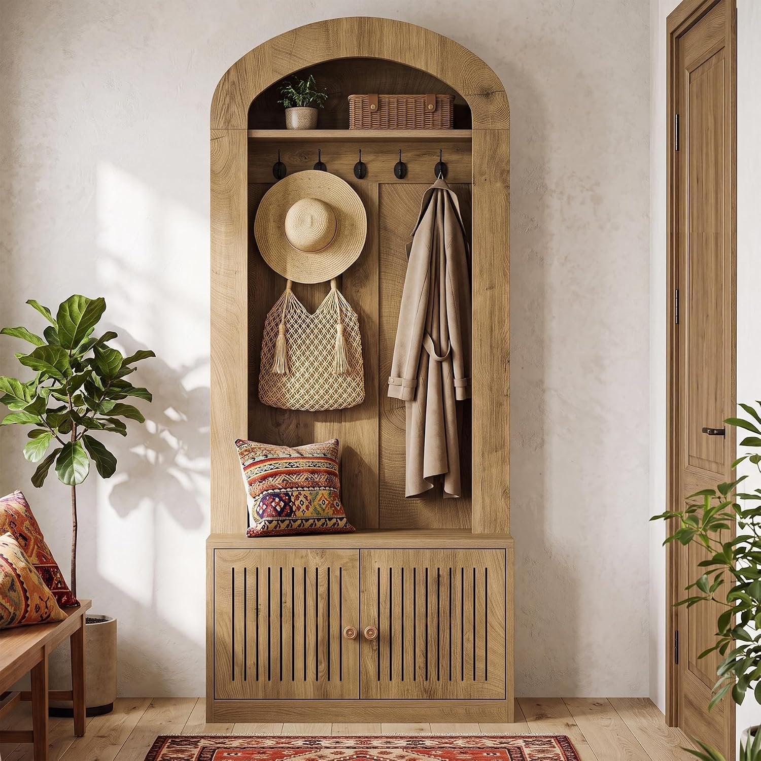 Tribesigns Armoire avec banc et rangement à chaussures, Meuble d'entrée 4 en 1 avec patères, banc, étagère à chaussures et étagère, hauteur 180 cm, marron rustique, montage facile