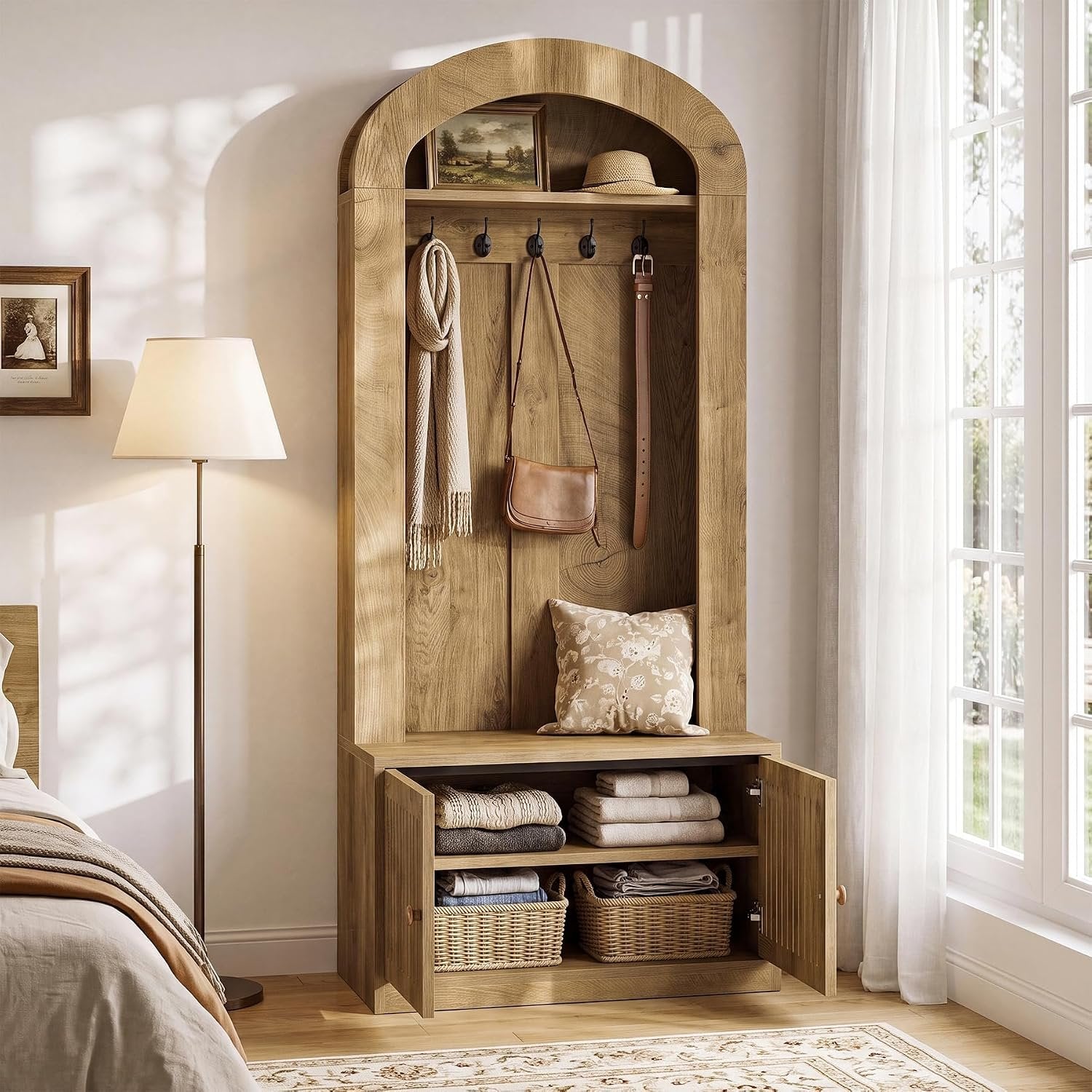 Tribesigns Armoire avec banc et rangement à chaussures, Meuble d'entrée 4 en 1 avec patères, banc, étagère à chaussures et étagère, hauteur 180 cm, marron rustique, montage facile