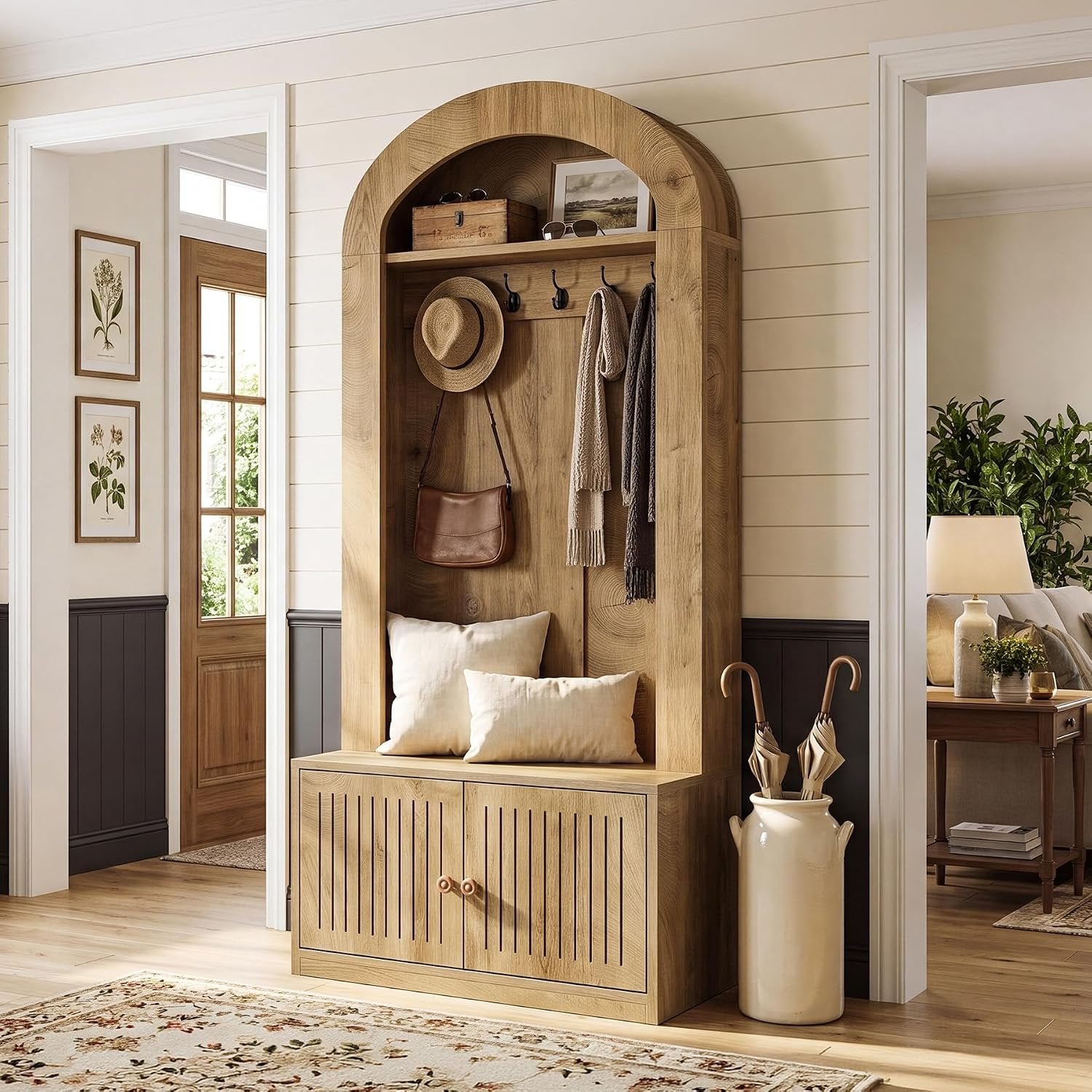 Tribesigns Armoire avec banc et rangement à chaussures, Meuble d'entrée 4 en 1 avec patères, banc, étagère à chaussures et étagère, hauteur 180 cm, marron rustique, montage facile