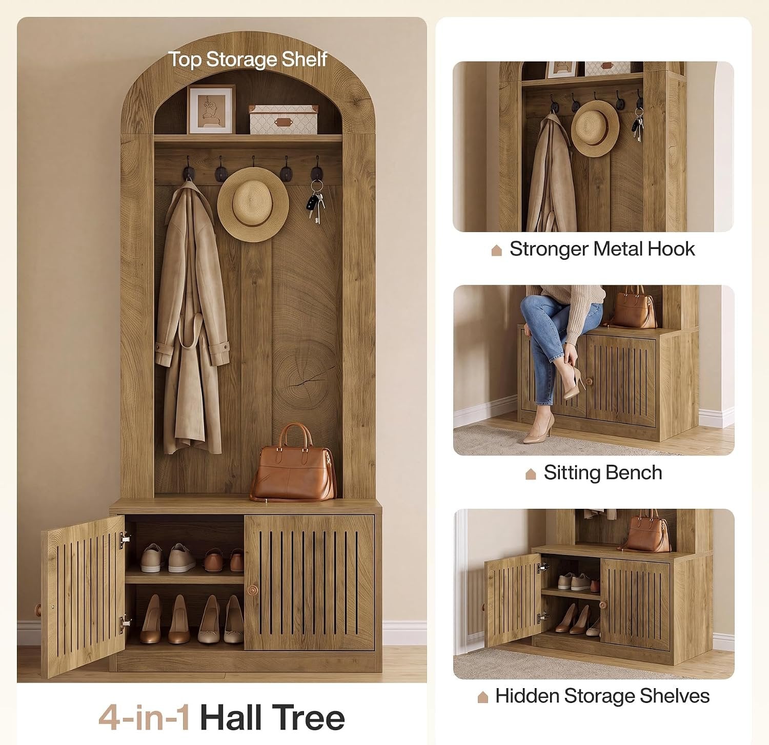 Tribesigns Armoire avec banc et rangement à chaussures, Meuble d'entrée 4 en 1 avec patères, banc, étagère à chaussures et étagère, hauteur 180 cm, marron rustique, montage facile