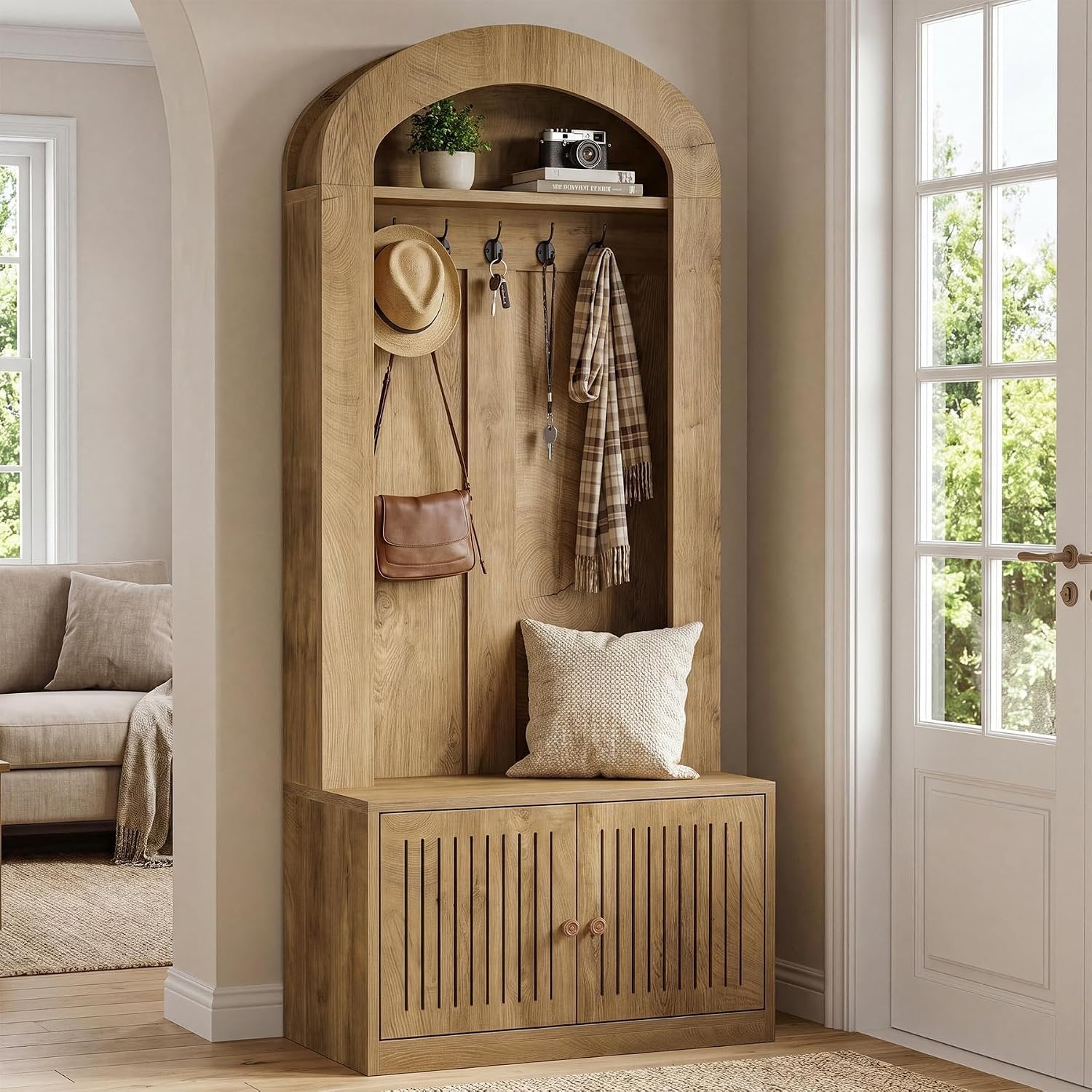 Tribesigns Armoire avec banc et rangement à chaussures, Meuble d'entrée 4 en 1 avec patères, banc, étagère à chaussures et étagère, hauteur 180 cm, marron rustique, montage facile