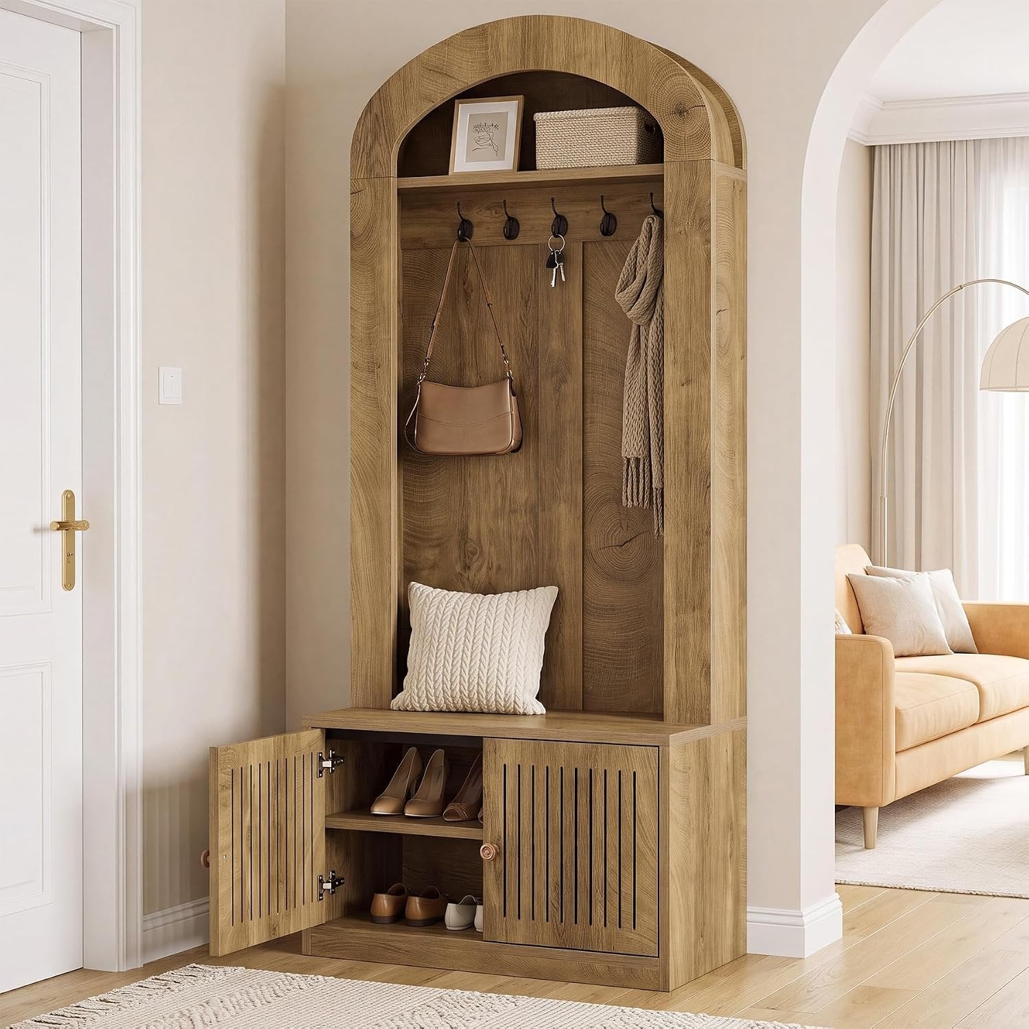 Tribesigns Armoire avec banc et rangement à chaussures, Meuble d'entrée 4 en 1 avec patères, banc, étagère à chaussures et étagère, hauteur 180 cm, marron rustique, montage facile