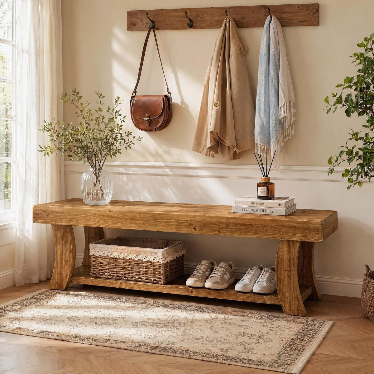 Tribesigns Banc à chaussures de 160 cm en bois massif, Banc d'entrée avec étagère, style maison de campagne