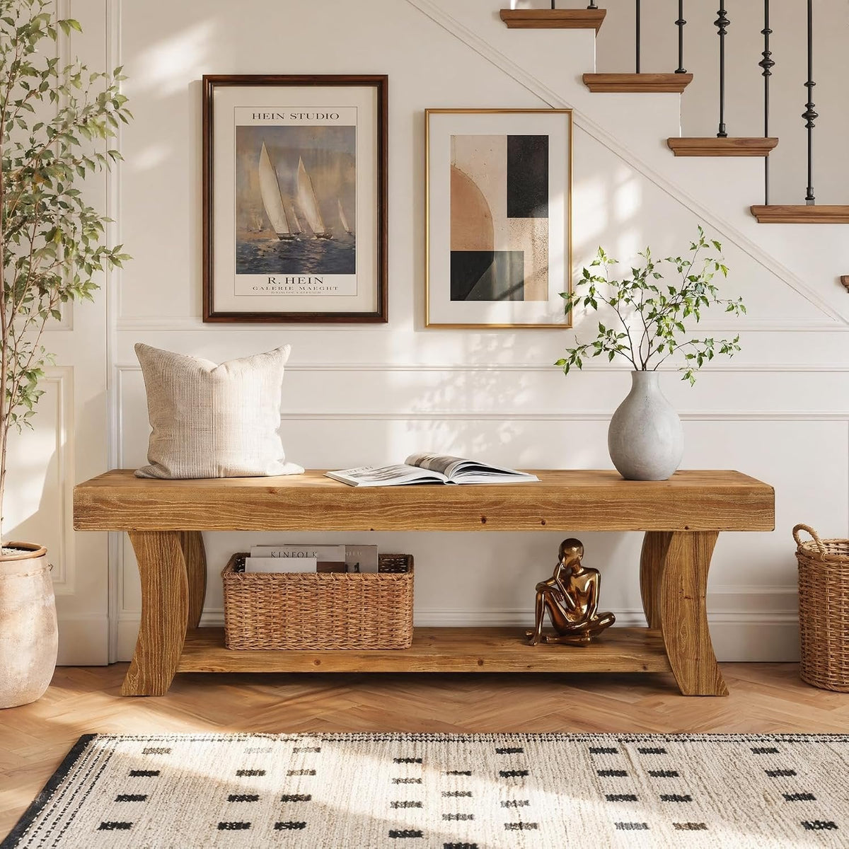 Tribesigns Banc à chaussures de 160 cm en bois massif, Banc d'entrée avec étagère, style maison de campagne