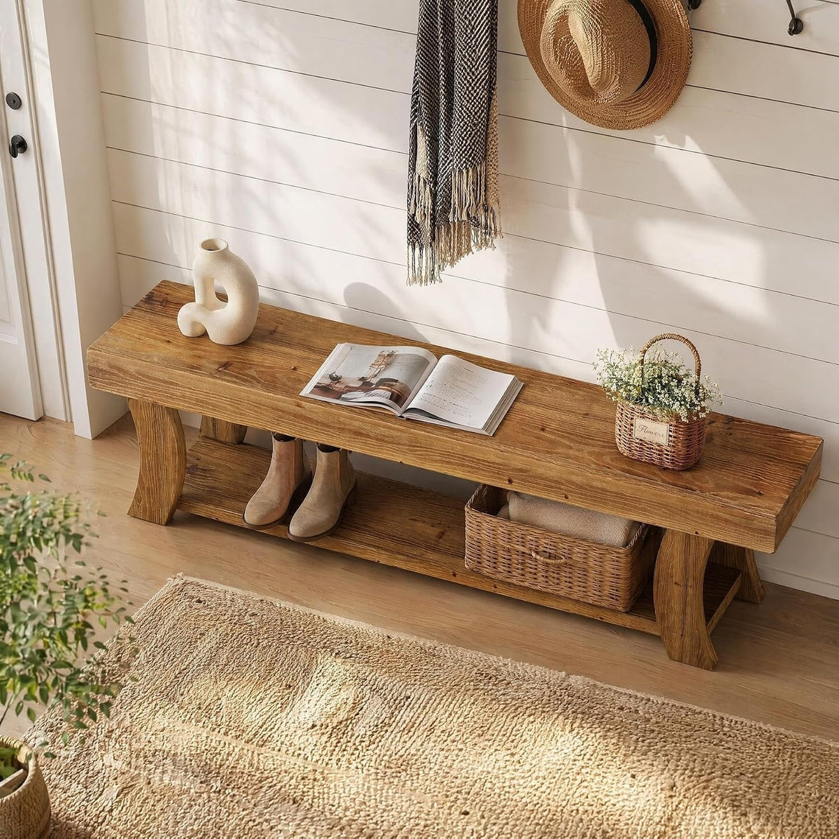 Tribesigns Banc à chaussures de 160 cm en bois massif, Banc d'entrée avec étagère, style maison de campagne